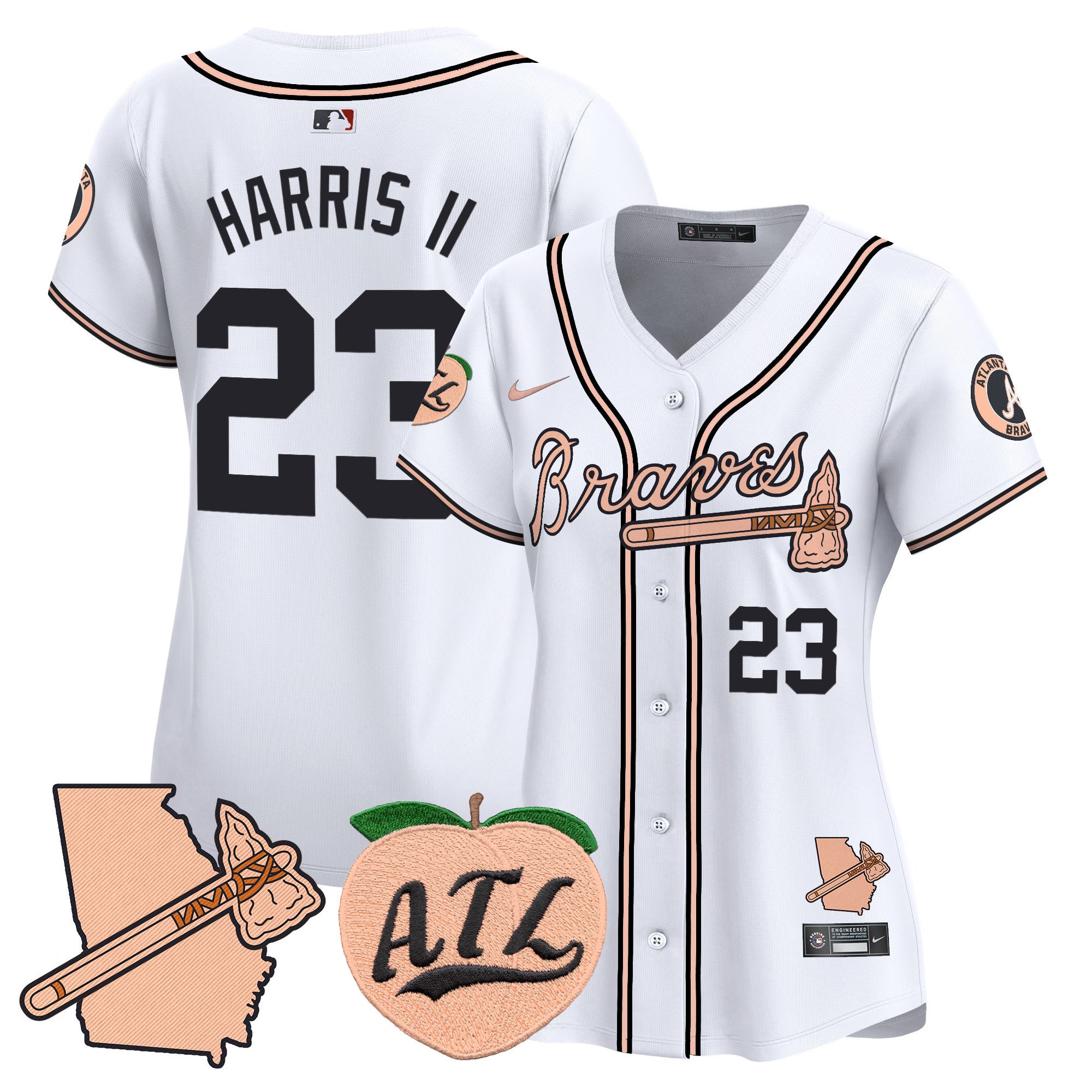Women's Atlanta Braves Peach Vapor Premier Limited Jersey - All Stitched - White, Michael Harris II