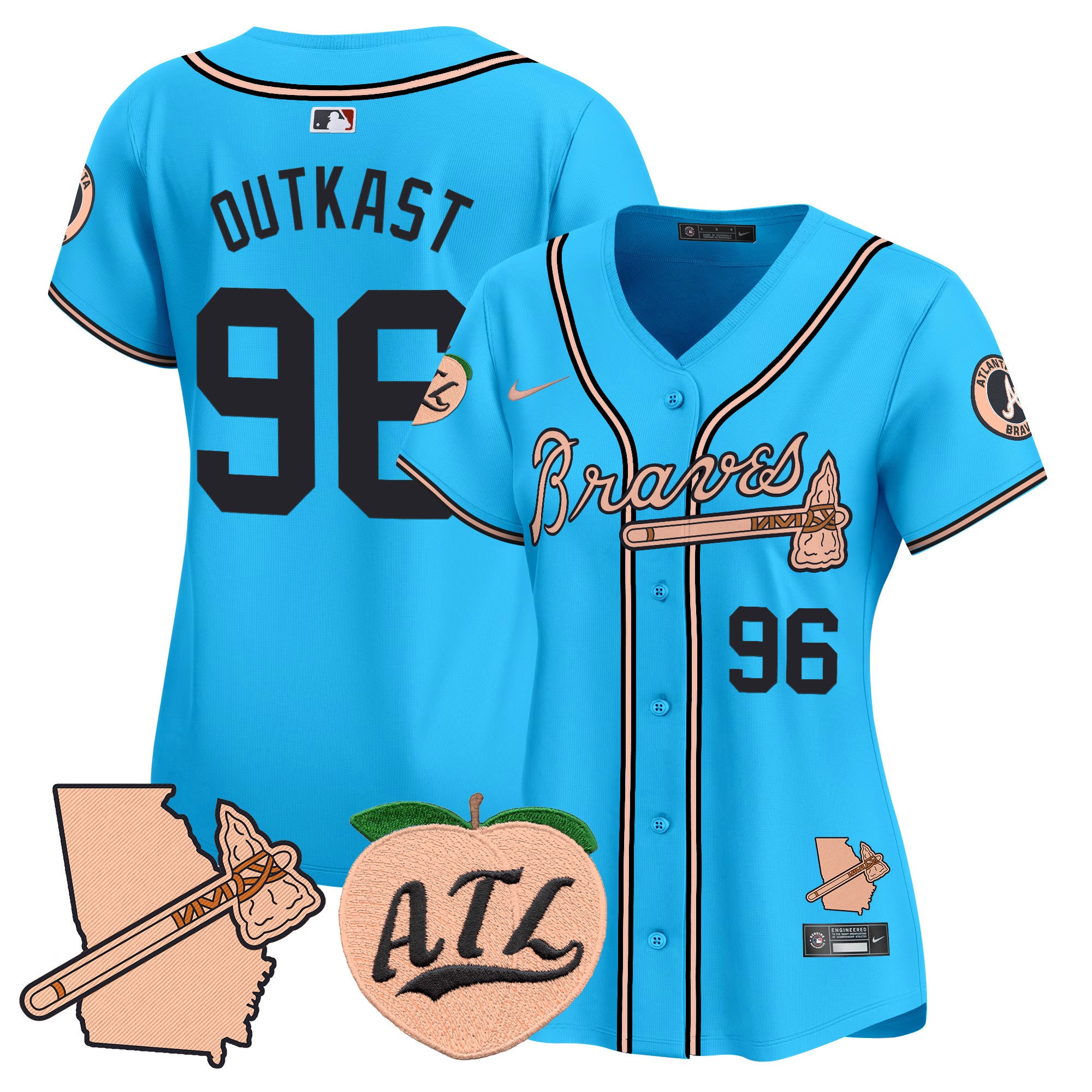 Women's Atlanta Braves Peach Vapor Premier Limited Jersey - All Stitched - Light Blue, Outkast