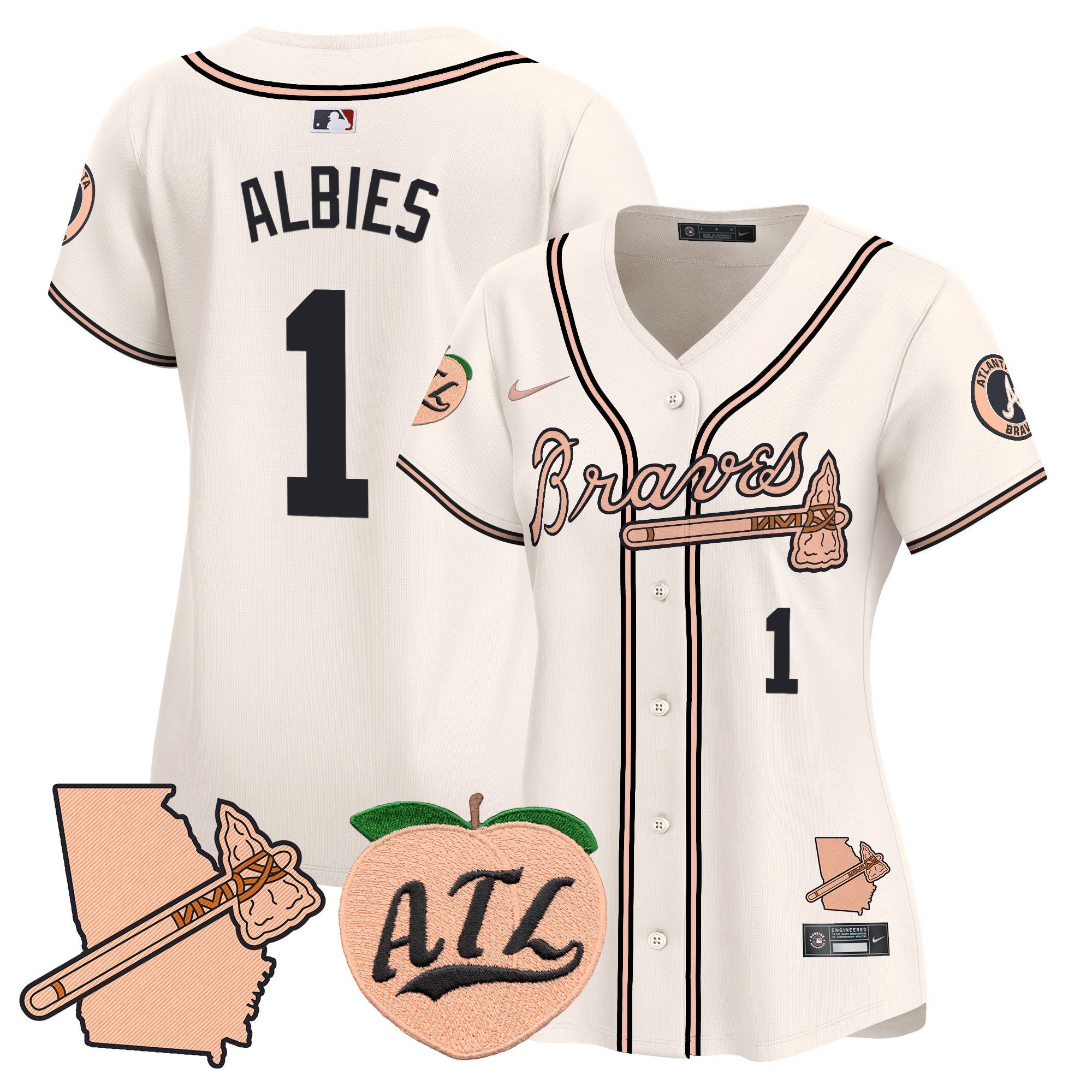 Women's Atlanta Braves Peach Vapor Premier Limited Jersey - All Stitched - Cream, Ozzie Albies