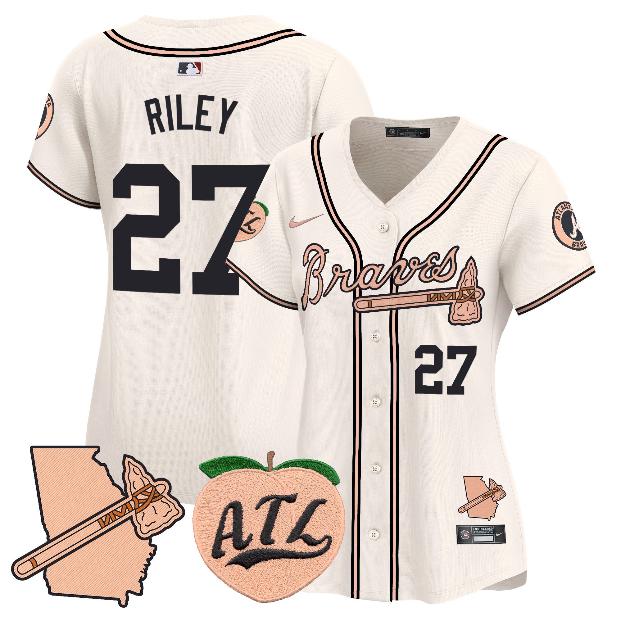 Women's Atlanta Braves Peach Vapor Premier Limited Jersey - All Stitched - Cream, Austin Riley