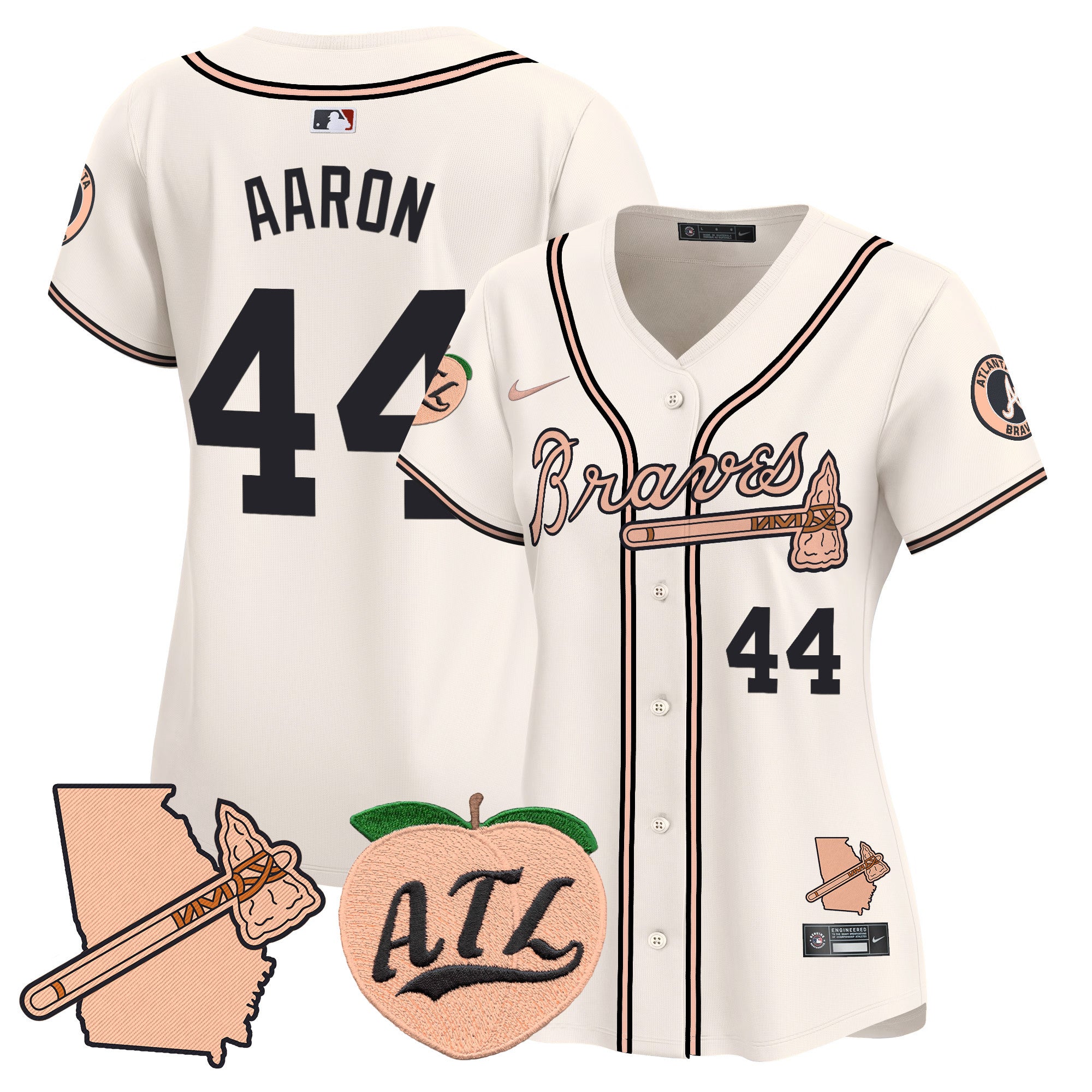 Women's Atlanta Braves Peach Vapor Premier Limited Jersey - All Stitched - Cream, Hank Aaron