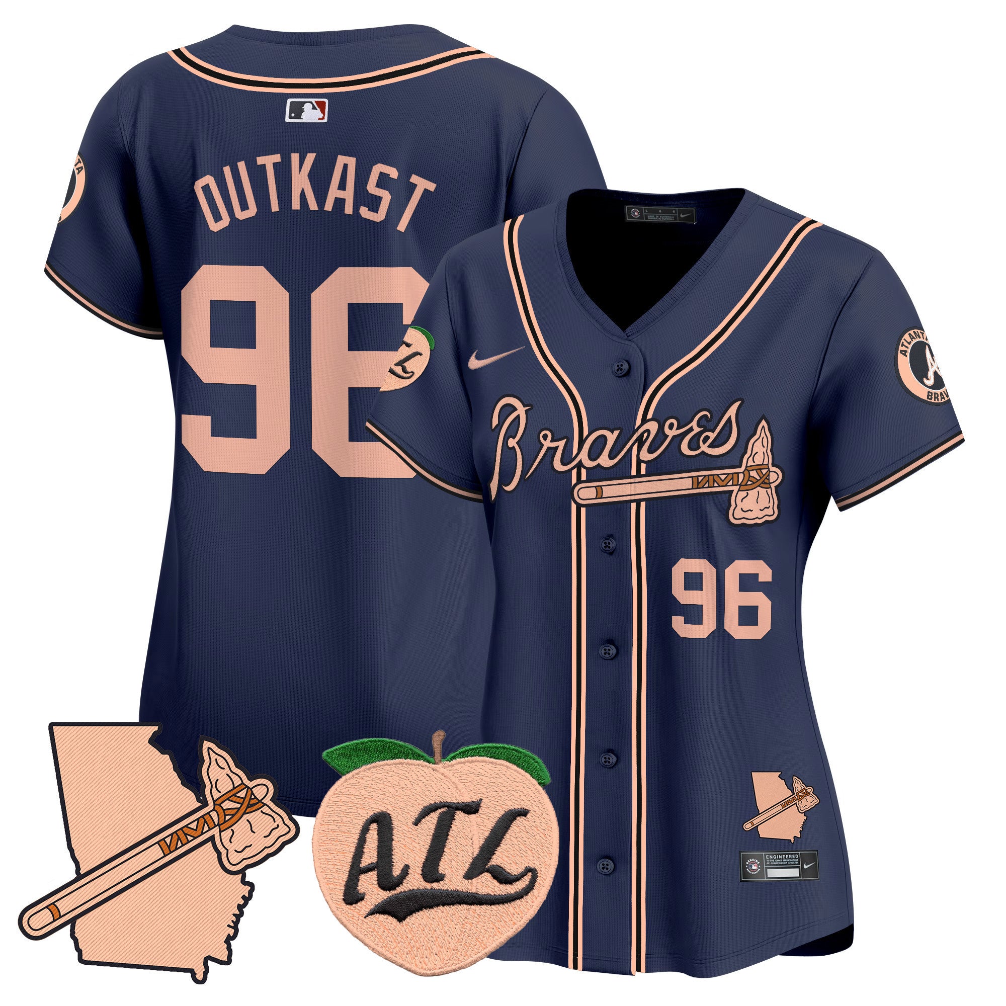 Women's Atlanta Braves Peach Vapor Premier Limited Jersey - All Stitched - Navy, Outkast