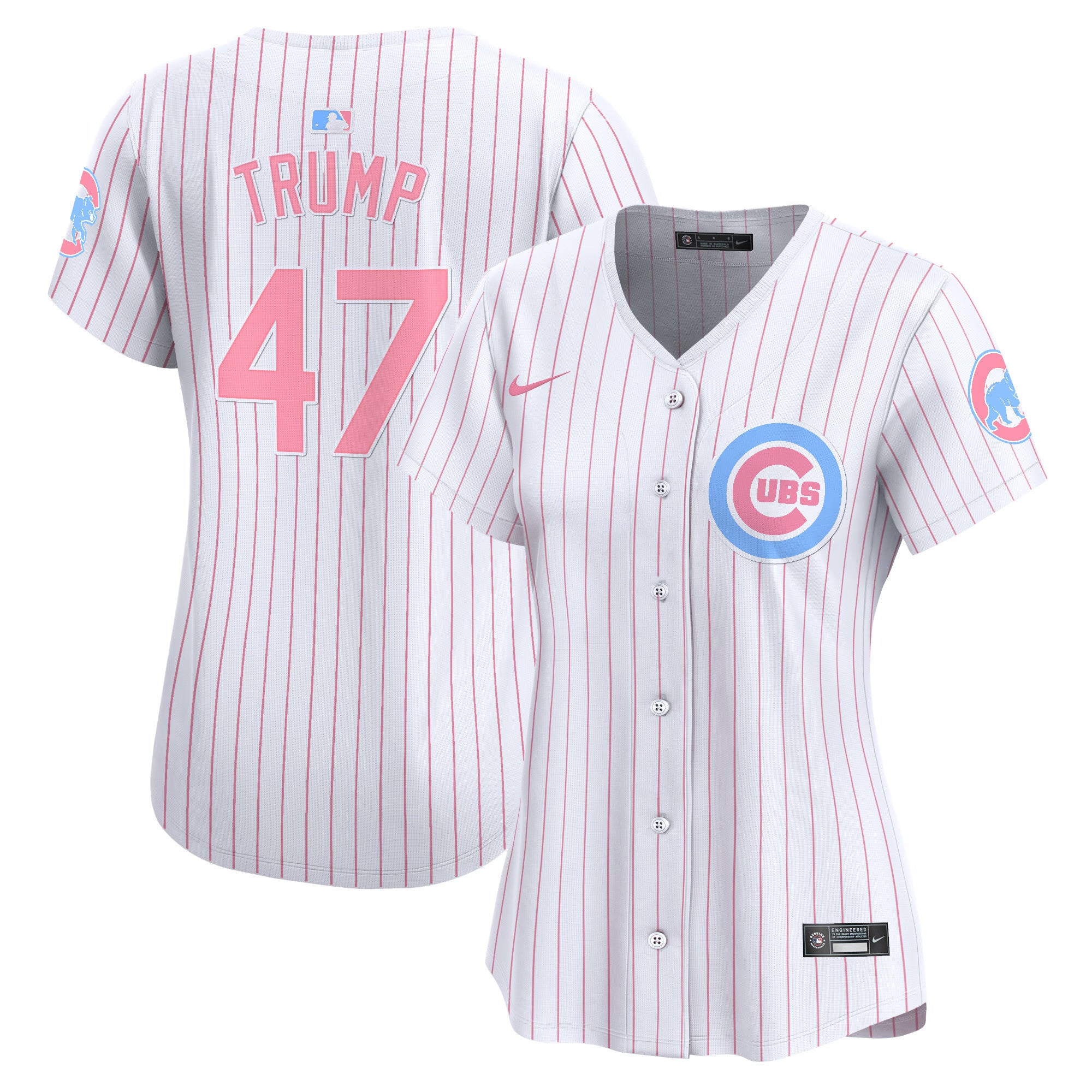 Women's Chicago Cubs Bubblegum Pink Vapor Premier Limited Jersey - All Stitched - Pinstripe, Donald Trump