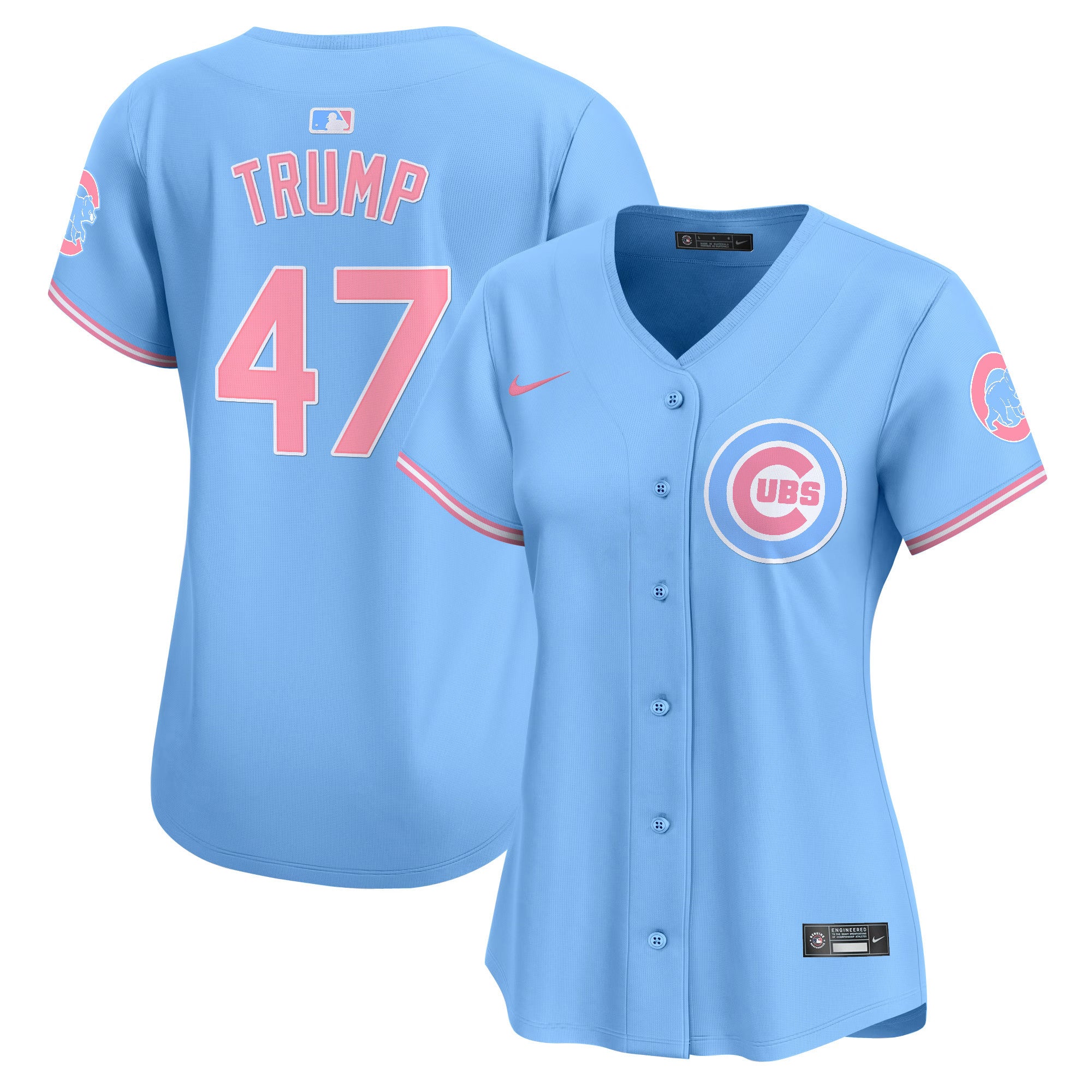 Women's Chicago Cubs Bubblegum Pink Vapor Premier Limited Jersey - All Stitched - Light Blue, Donald Trump