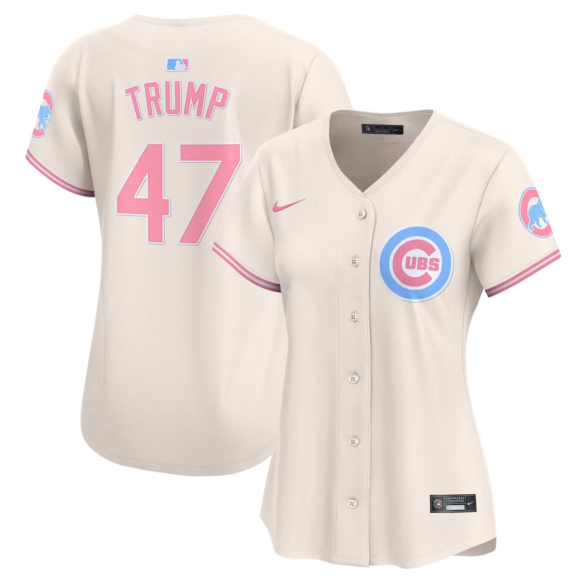 Women's Chicago Cubs Bubblegum Pink Vapor Premier Limited Jersey - All Stitched - Cream, Donald Trump