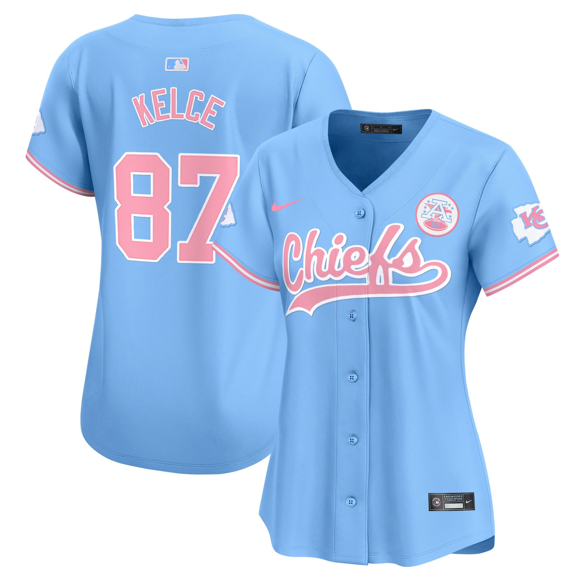 Women's Chiefs Bubblegum Pink Vapor Premier Limited Jersey - All Stitched - Light Blue, Travis Kelce