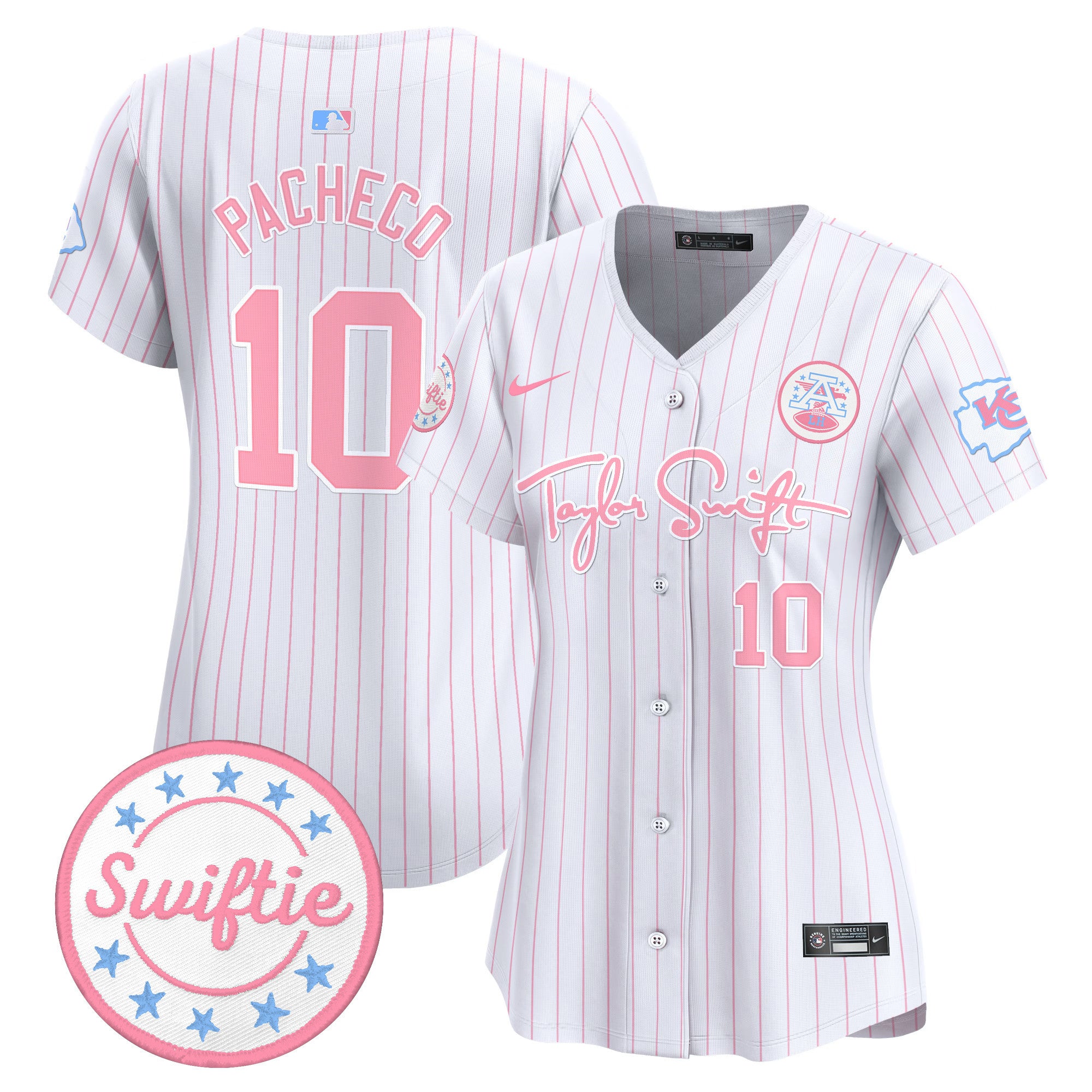 Women's Chiefs Taylor Swift Bubblegum Pink Vapor Premier Limited Jersey - All Stitched - Pinstripe, Isiah Pacheco