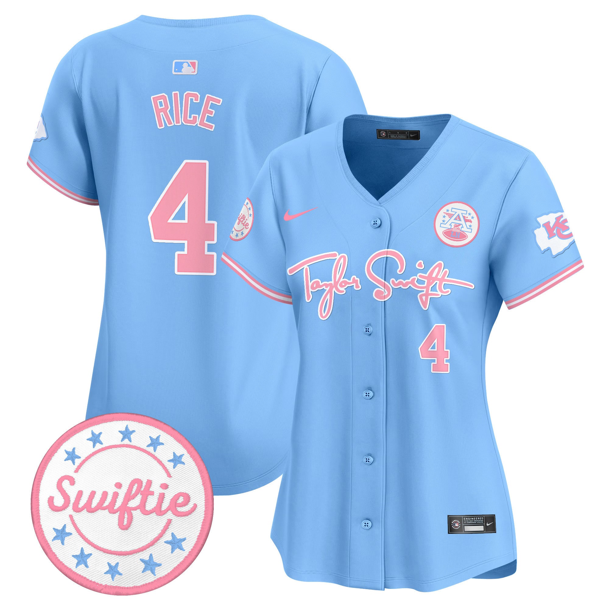 Women's Chiefs Taylor Swift Bubblegum Pink Vapor Premier Limited Jersey - All Stitched - Light Blue, Rashee Rice