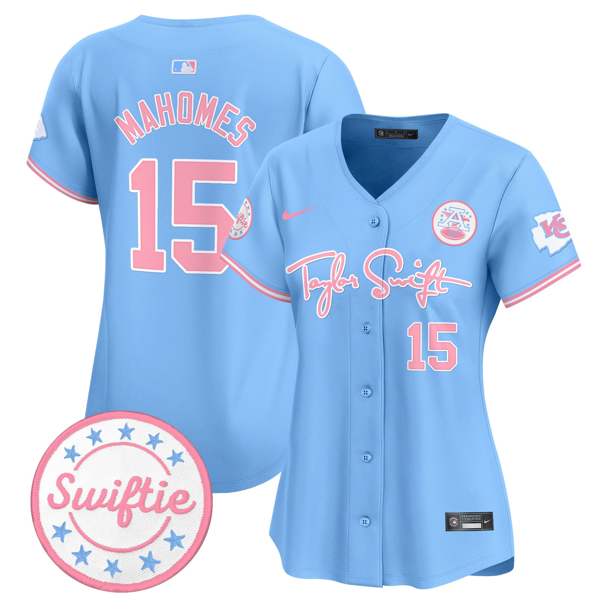 Women's Chiefs Taylor Swift Bubblegum Pink Vapor Premier Limited Jersey - All Stitched - Light Blue, Patrick Mahomes