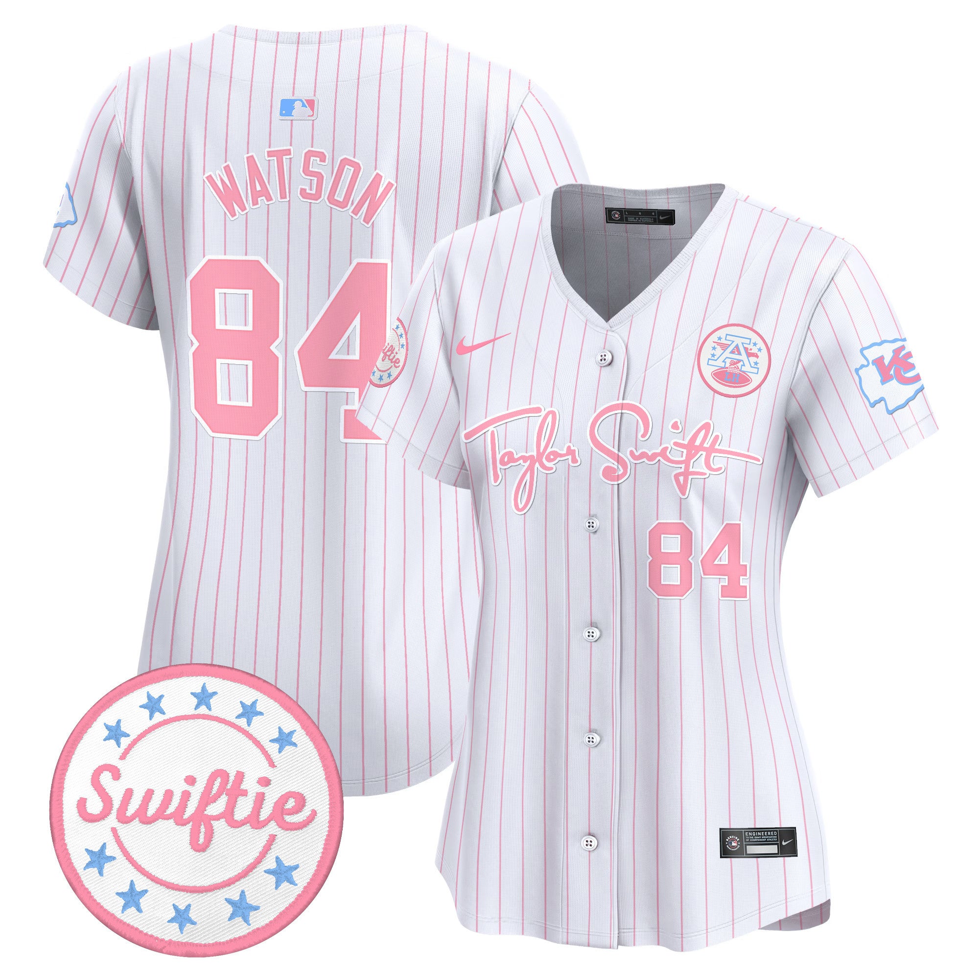 Women's Chiefs Taylor Swift Bubblegum Pink Vapor Premier Limited Jersey - All Stitched - Pinstripe, Justin Watson