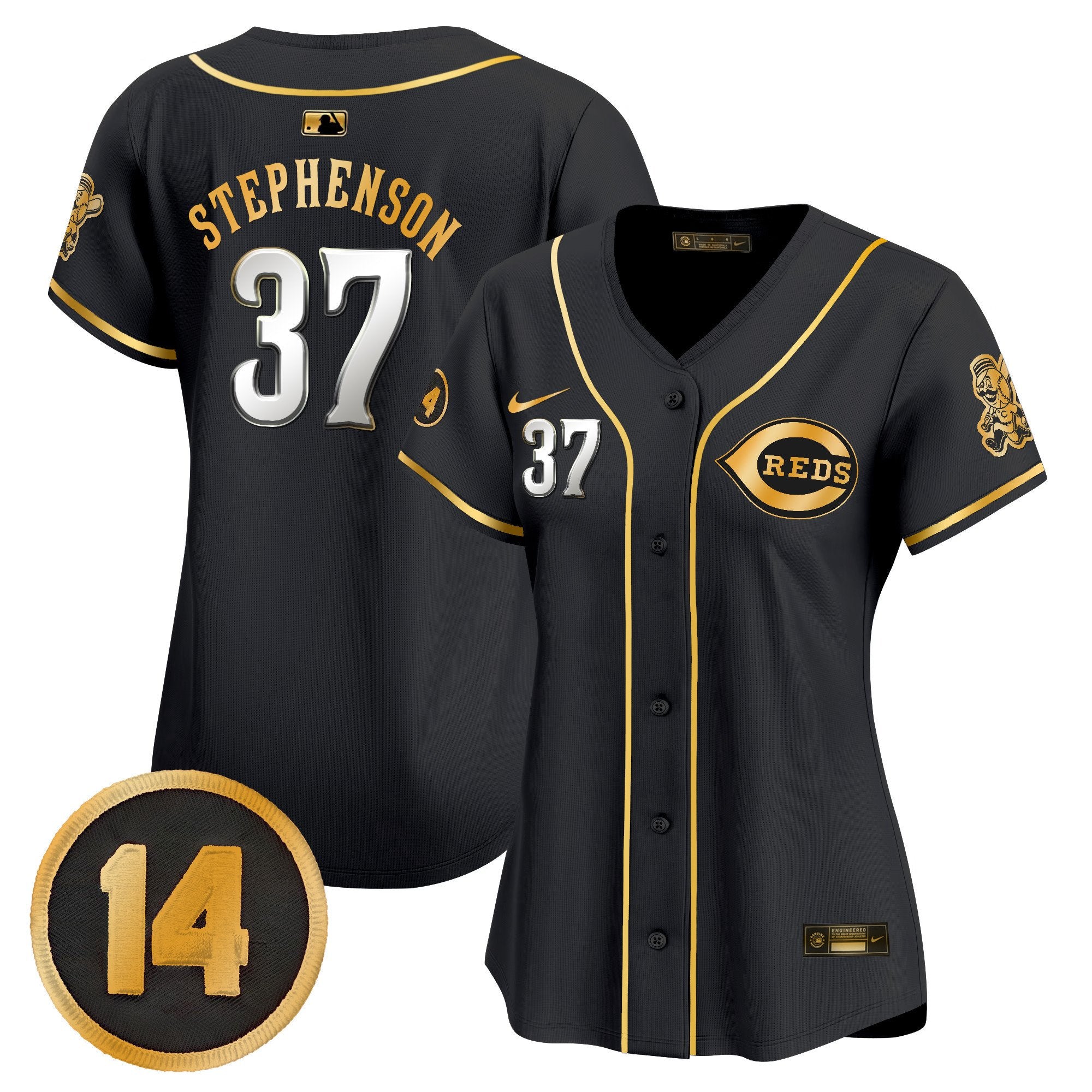Women's Cincinnati Reds Pete Rose Patch Vapor Premier Limited Jersey - All Stitched - Black Gold, Tyler Stephenson