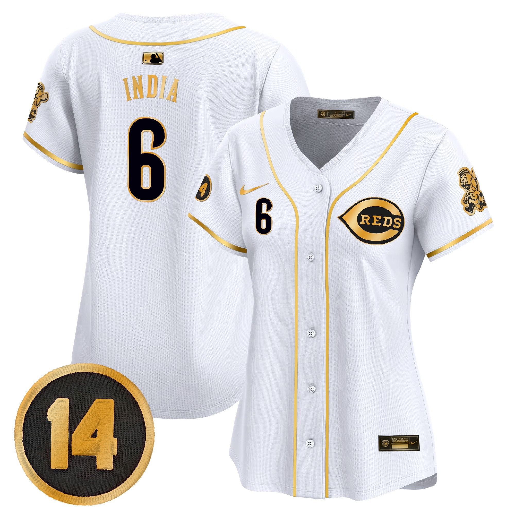 Women's Cincinnati Reds Pete Rose Patch Vapor Premier Limited Jersey - All Stitched - White Gold, Jonathan India
