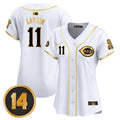 Women's Cincinnati Reds Pete Rose Patch Vapor Premier Limited Jersey - All Stitched - White Gold, Barry Larkin