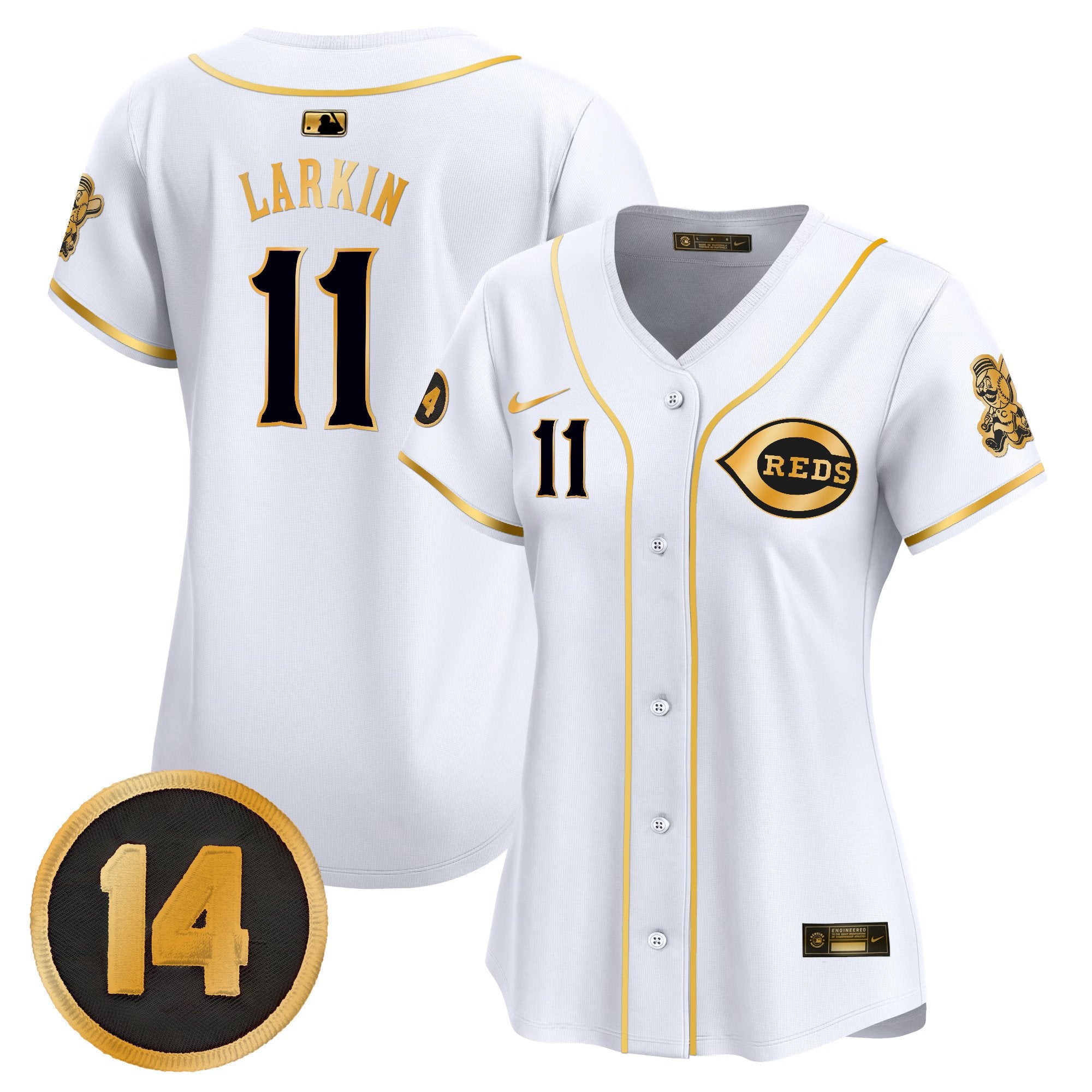 Women's Cincinnati Reds Pete Rose Patch Vapor Premier Limited Jersey - All Stitched - White Gold, Barry Larkin