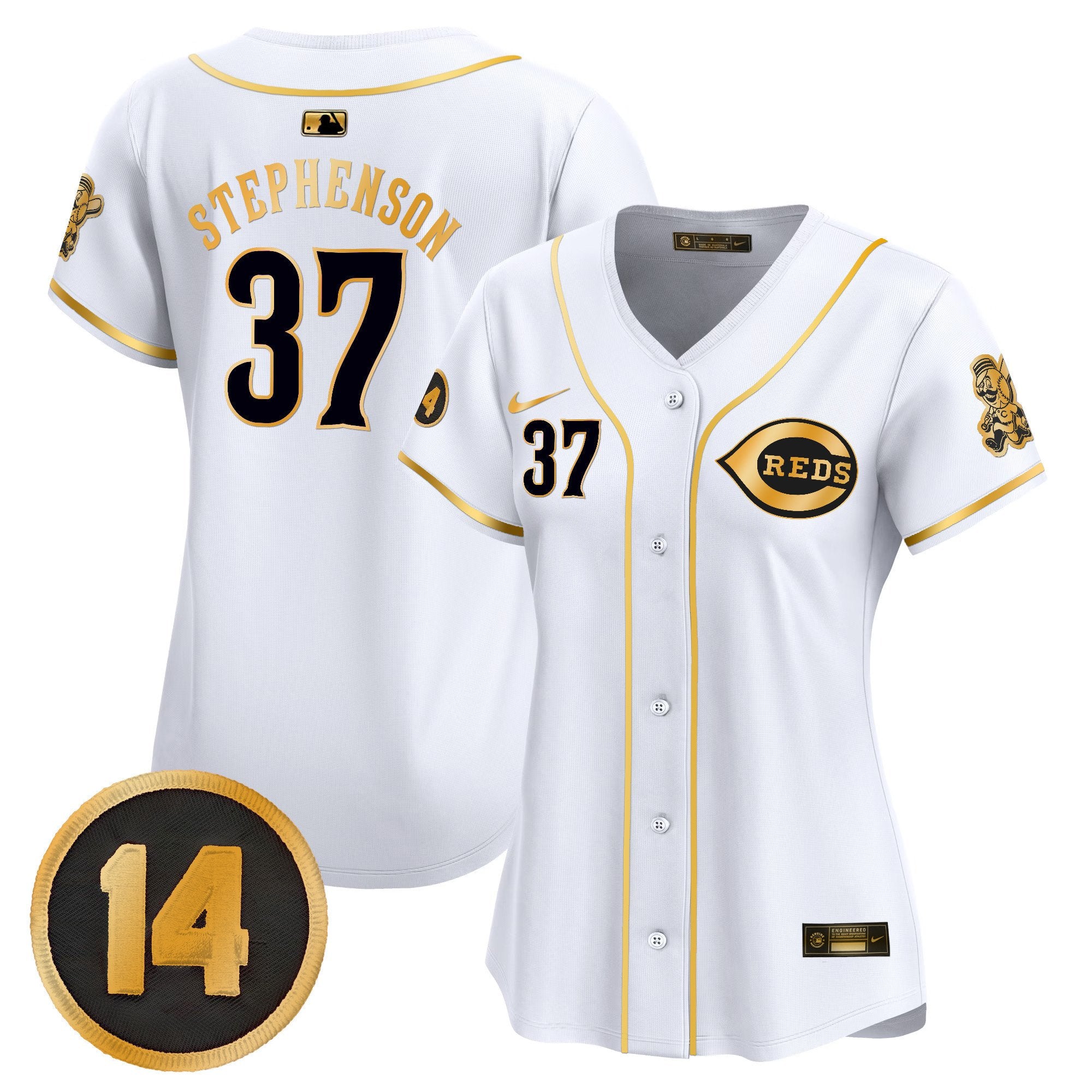 Women's Cincinnati Reds Pete Rose Patch Vapor Premier Limited Jersey - All Stitched - White Gold, Tyler Stephenson