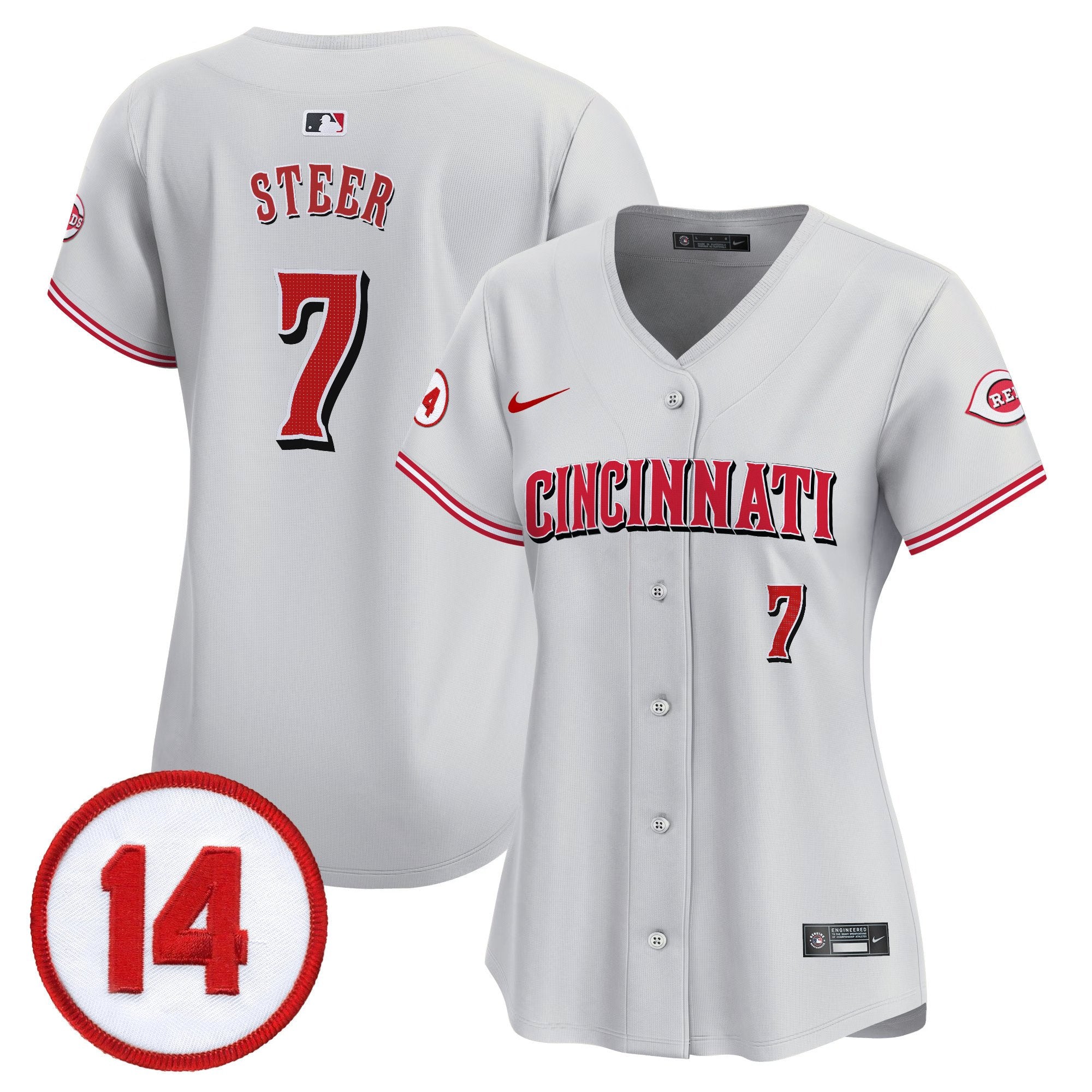 Women's Cincinnati Reds Pete Rose Patch Vapor Premier Limited Jersey - All Stitched - Gray, Spencer Steer