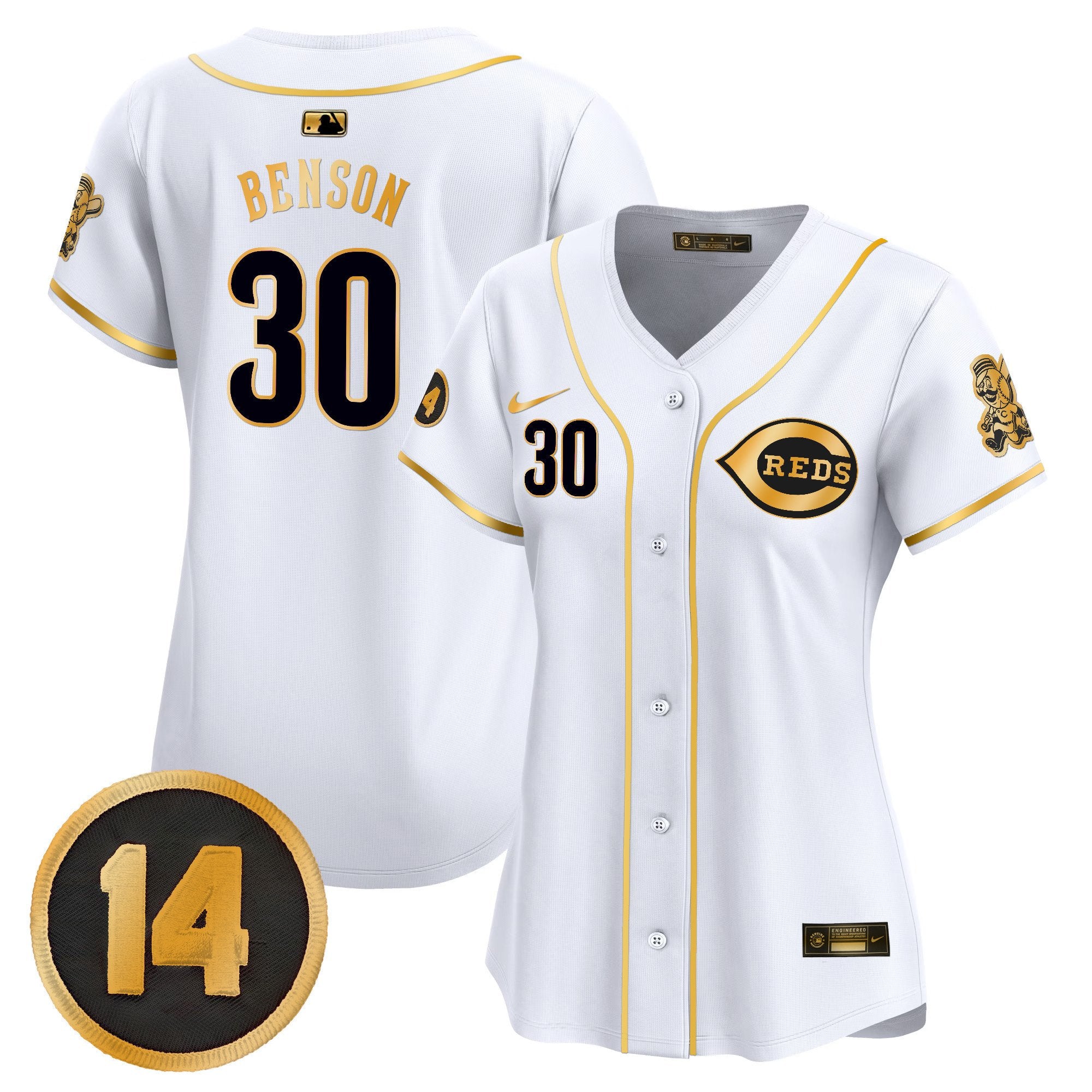 Women's Cincinnati Reds Pete Rose Patch Vapor Premier Limited Jersey - All Stitched - White Gold, Will Benson