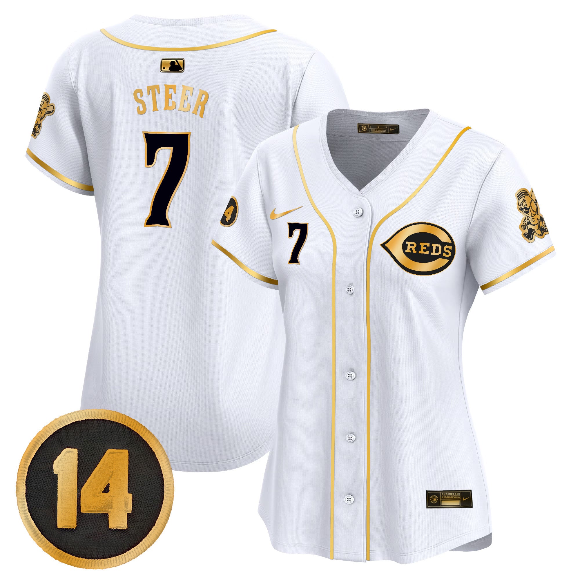 Women's Cincinnati Reds Pete Rose Patch Vapor Premier Limited Jersey - All Stitched - White Gold, Spencer Steer