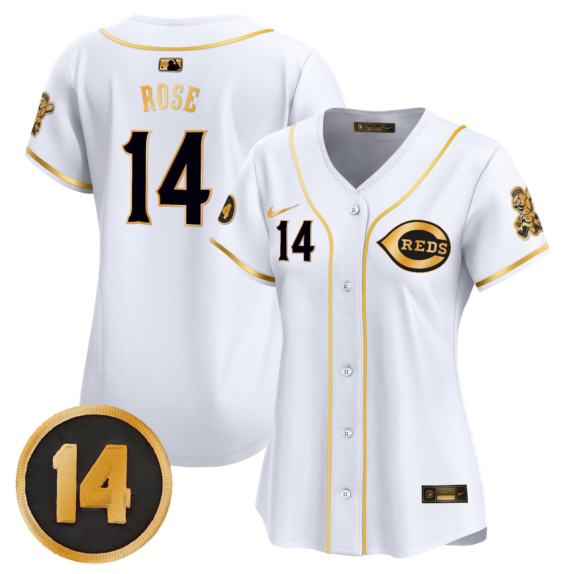 Women's Cincinnati Reds Pete Rose Patch Vapor Premier Limited Jersey - All Stitched - White Gold, Pete Rose