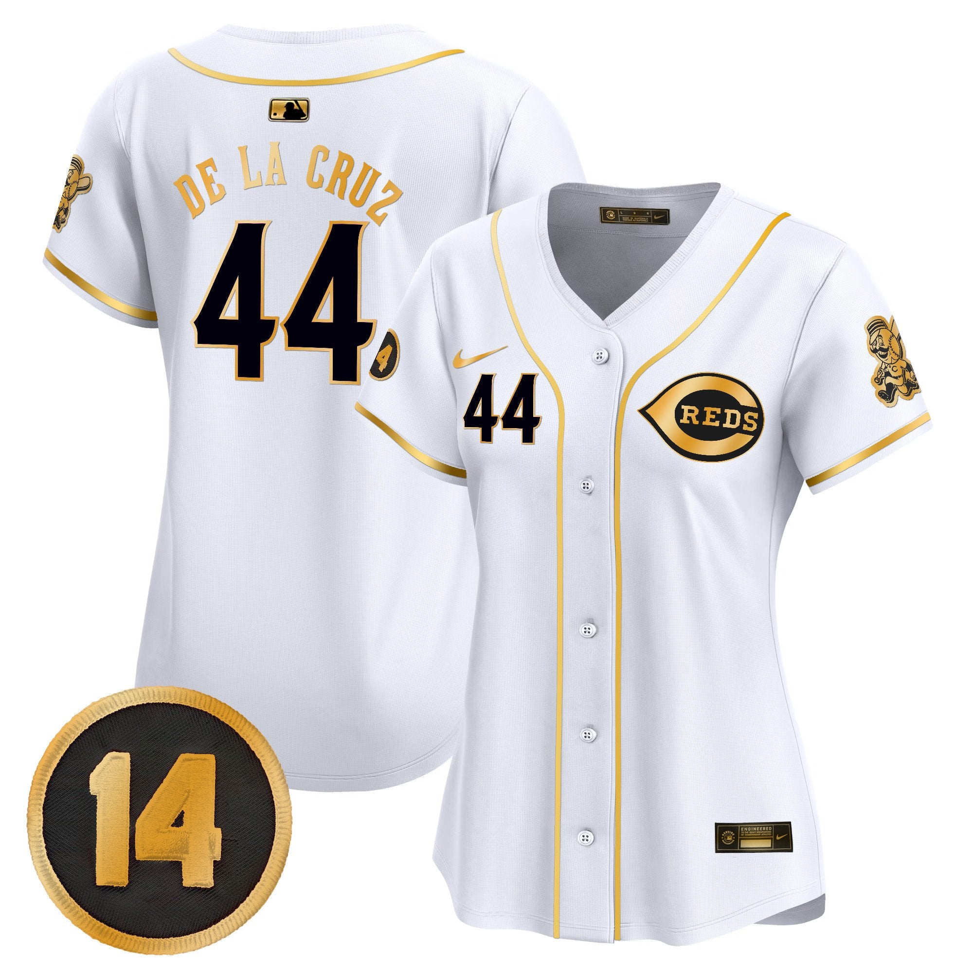 Women's Cincinnati Reds Pete Rose Patch Vapor Premier Limited Jersey - All Stitched - White Gold, Elly De La Cruz