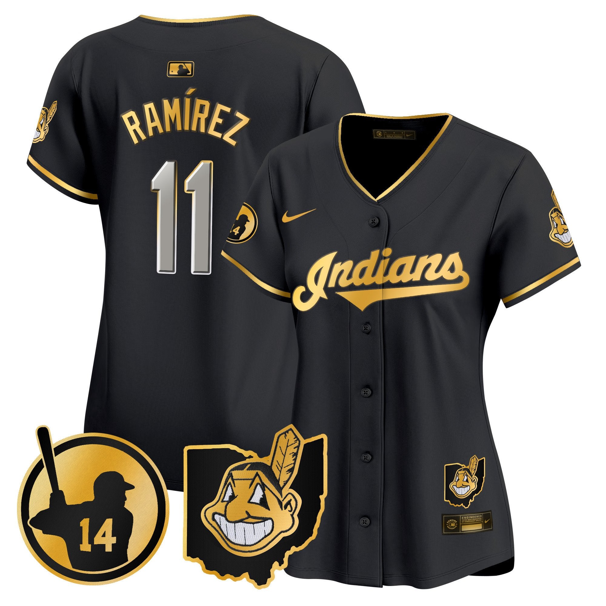 Women's Cleveland Indians Larry Doby Patch Vapor Premier Limited Jersey - All Stitched - Black Gold, José Ramírez