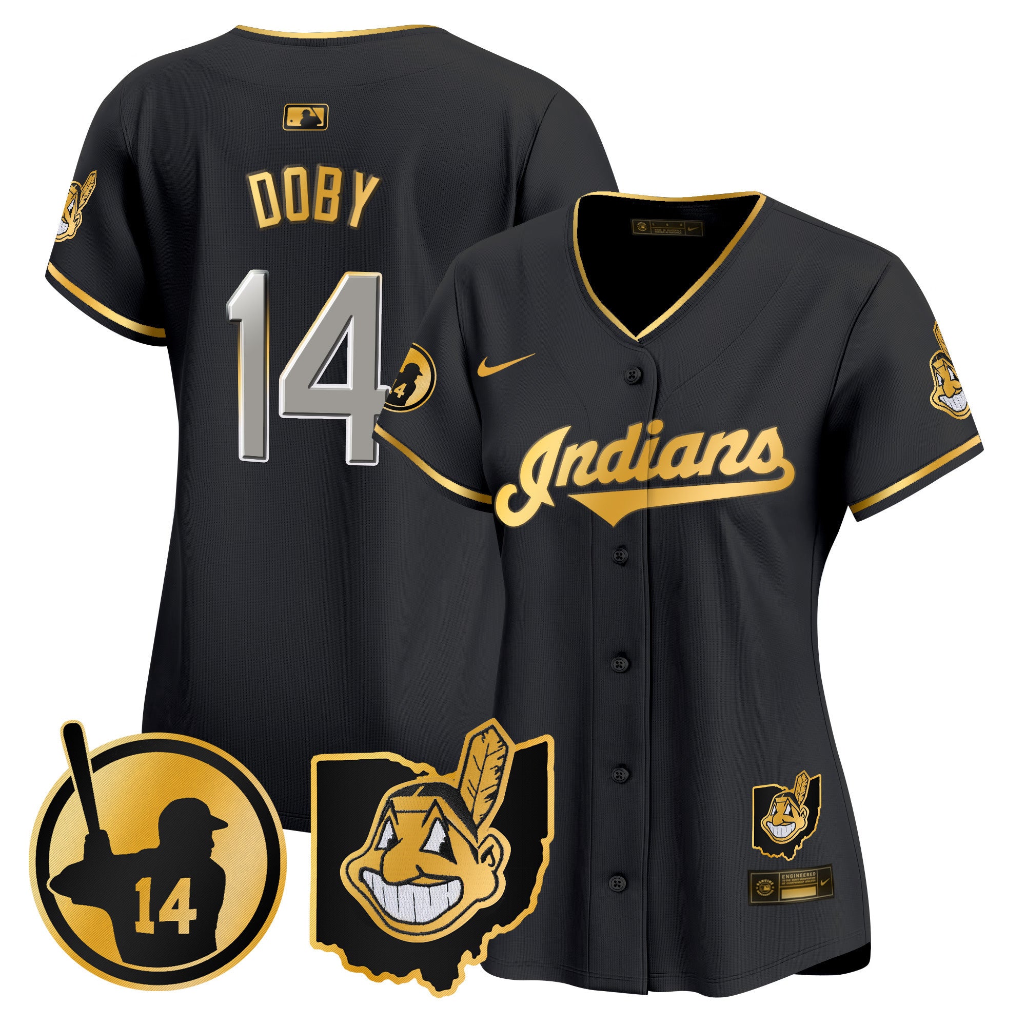 Women's Cleveland Indians Larry Doby Patch Vapor Premier Limited Jersey - All Stitched - Black Gold, Larry Doby