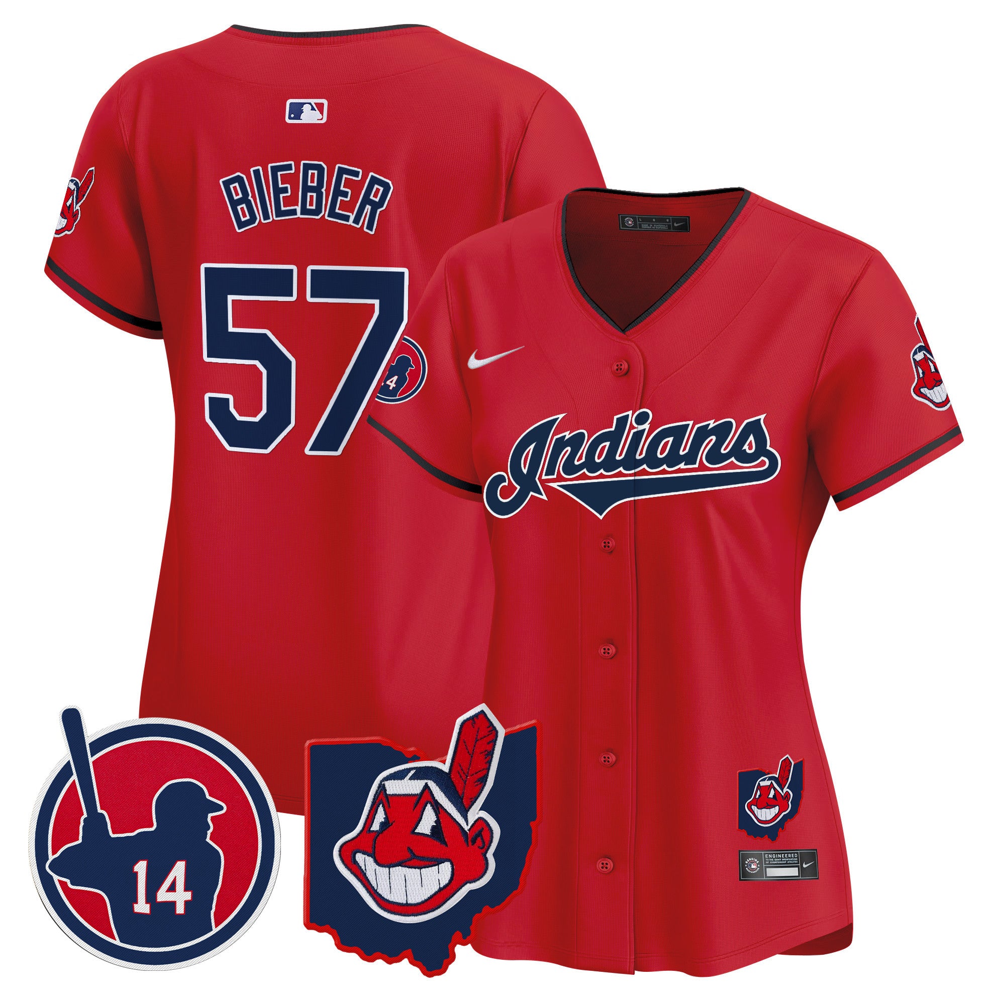 Women's Cleveland Indians Larry Doby Patch Vapor Premier Limited Jersey - All Stitched - Red, Shane Bieber