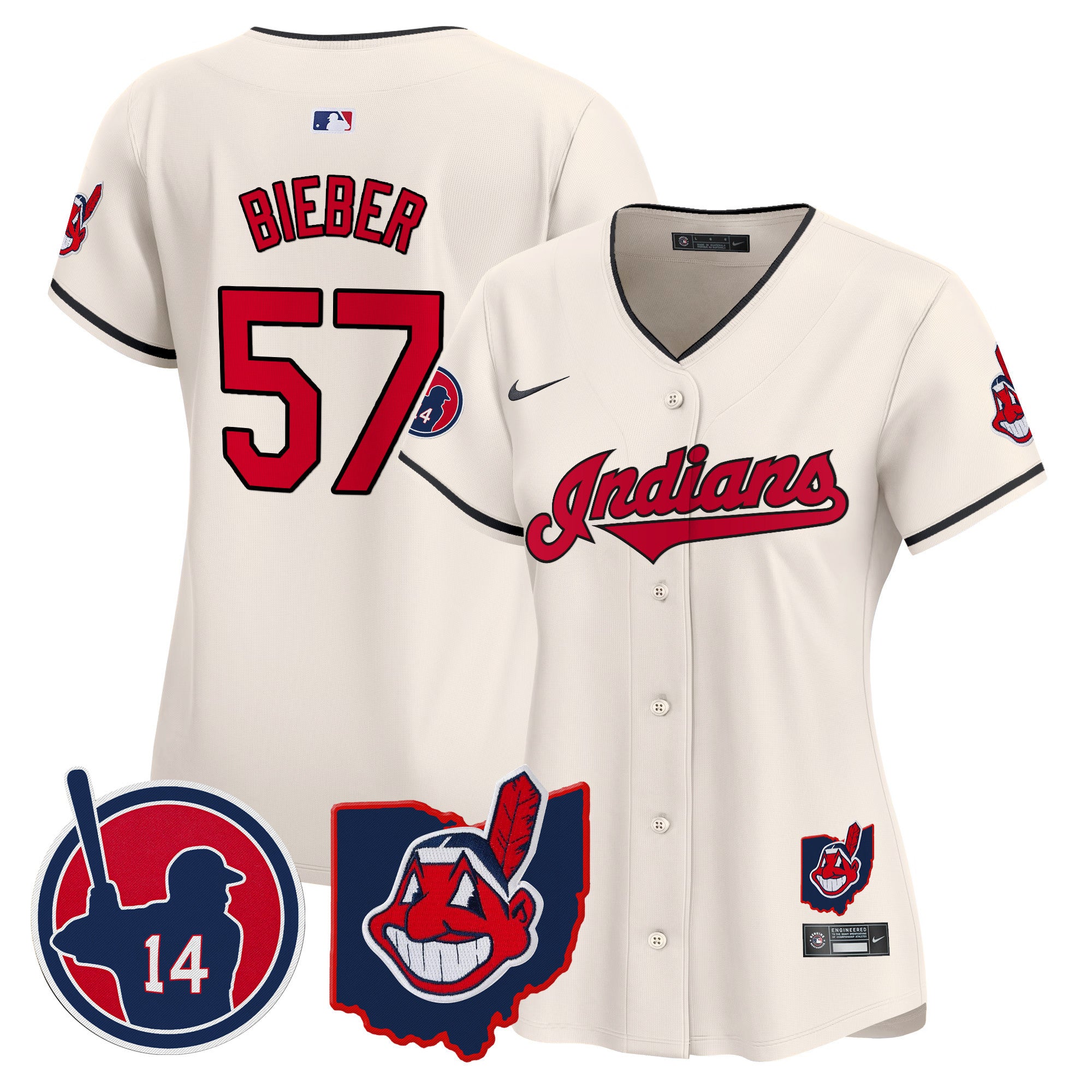 Women's Cleveland Indians Larry Doby Patch Vapor Premier Limited Jersey - All Stitched - Cream, Shane Bieber