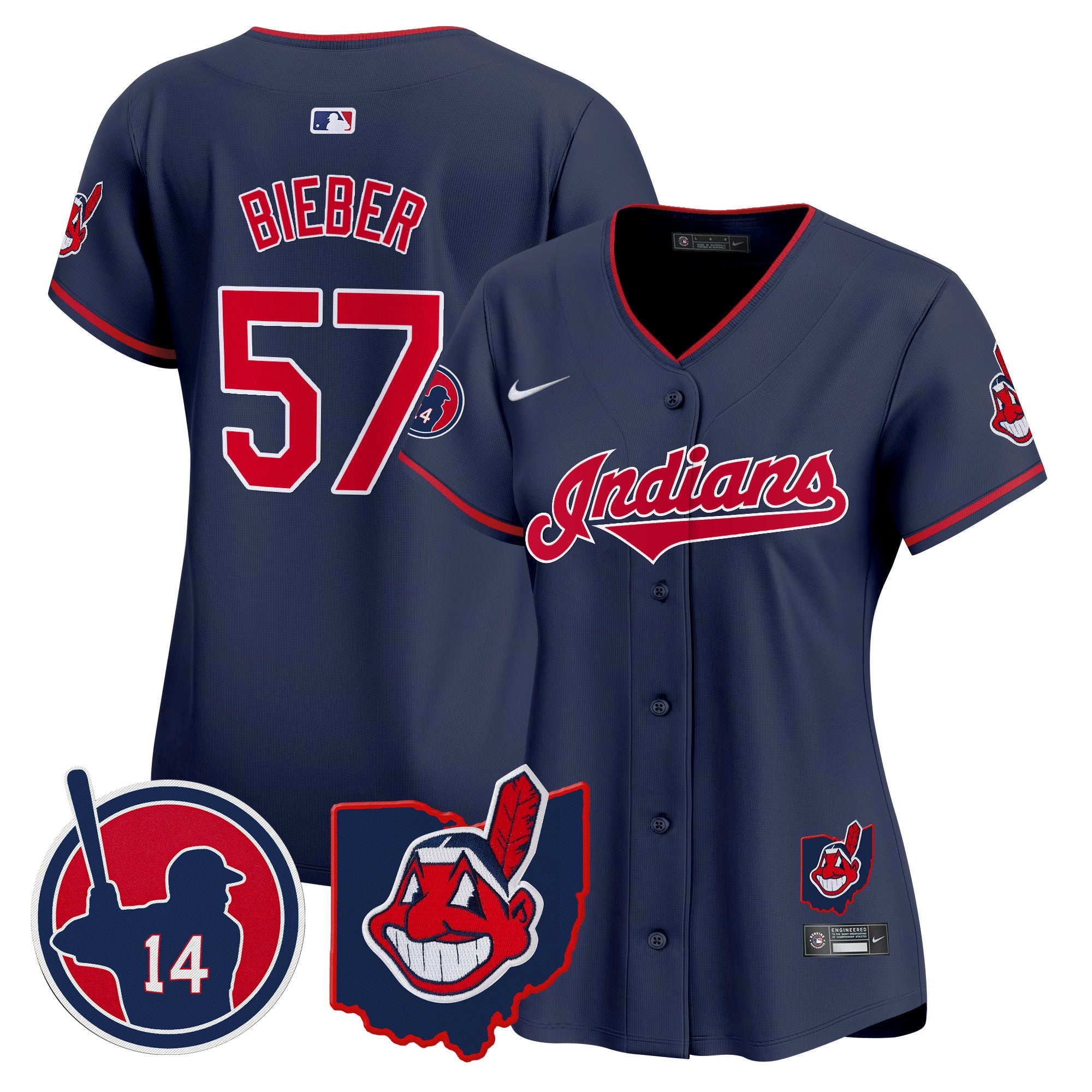 Women's Cleveland Indians Larry Doby Patch Vapor Premier Limited Jersey - All Stitched - Navy, Shane Bieber