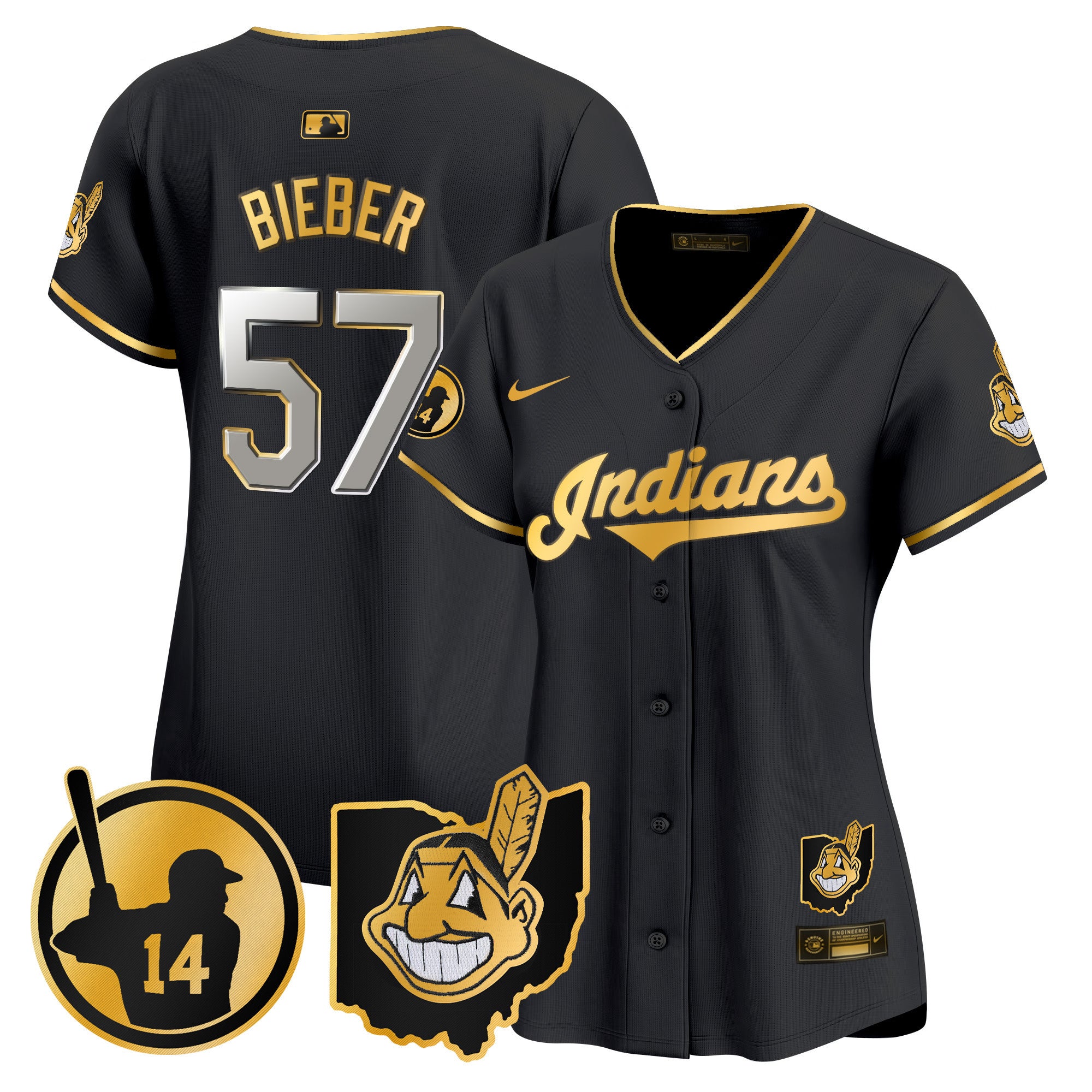 Women's Cleveland Indians Larry Doby Patch Vapor Premier Limited Jersey - All Stitched - Black Gold, Shane Bieber