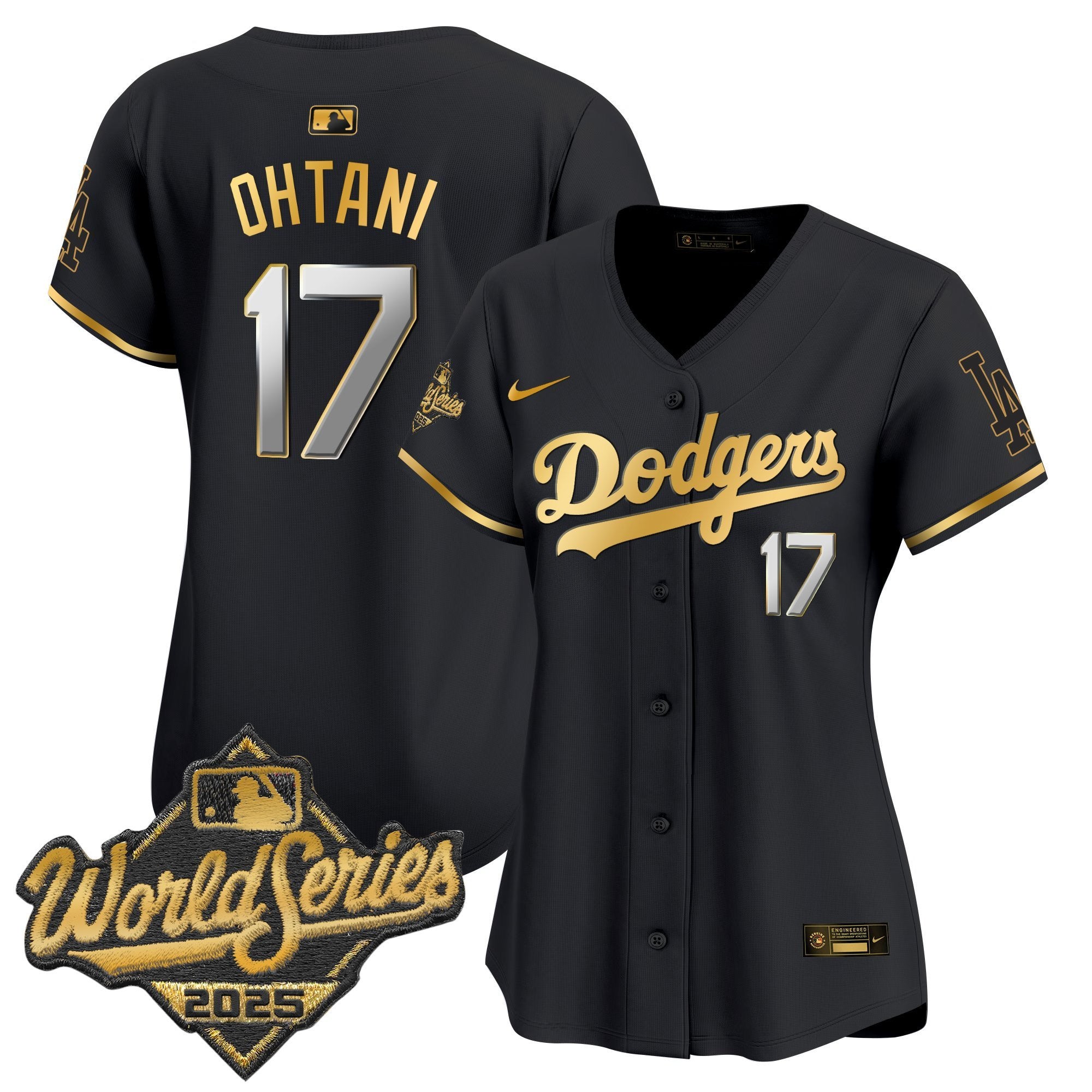 Women's Dodgers 2025 World Series Gold Trim Vapor Premier Limited Jersey - All Stitched - Black Gold, Shohei Ohtani