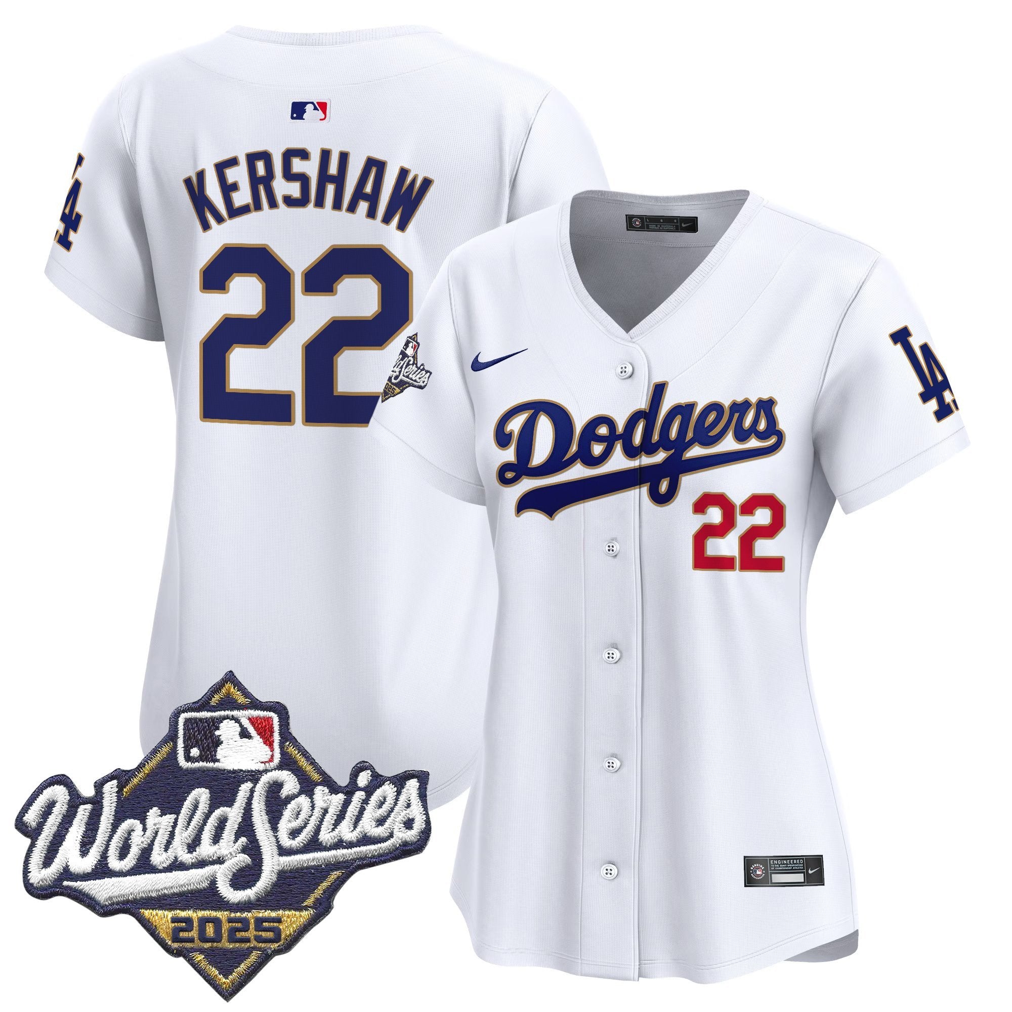 Women's Dodgers 2025 World Series Gold Trim Vapor Premier Limited Jersey - All Stitched - White, Clayton Kershaw
