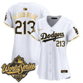 Women's Dodgers 2025 World Series Gold Trim Vapor Premier Limited Jersey - All Stitched - White Gold, Bleed Blue 213