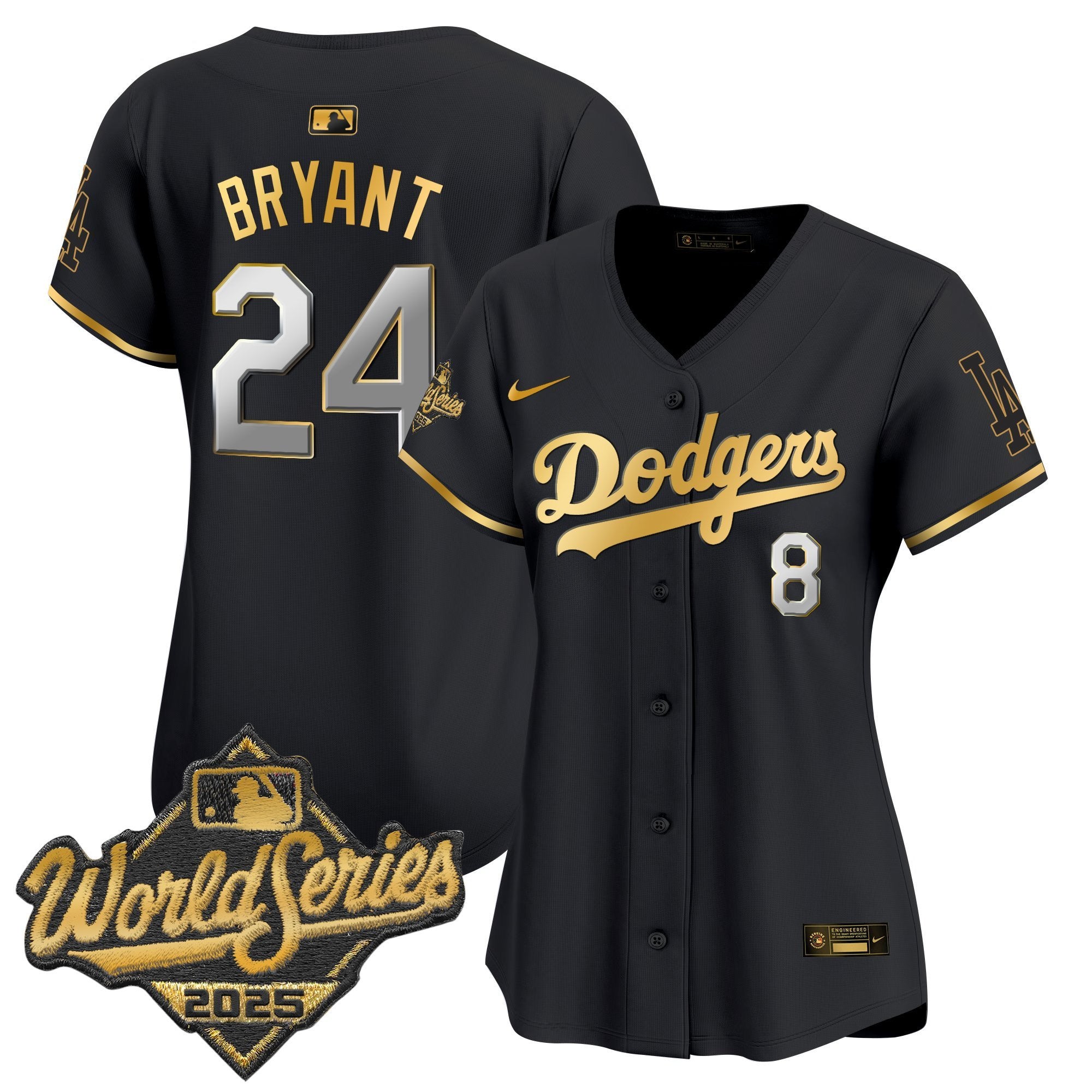 Women's Dodgers 2025 World Series Gold Trim Vapor Premier Limited Jersey - All Stitched - Black Gold, Kobe Bryant