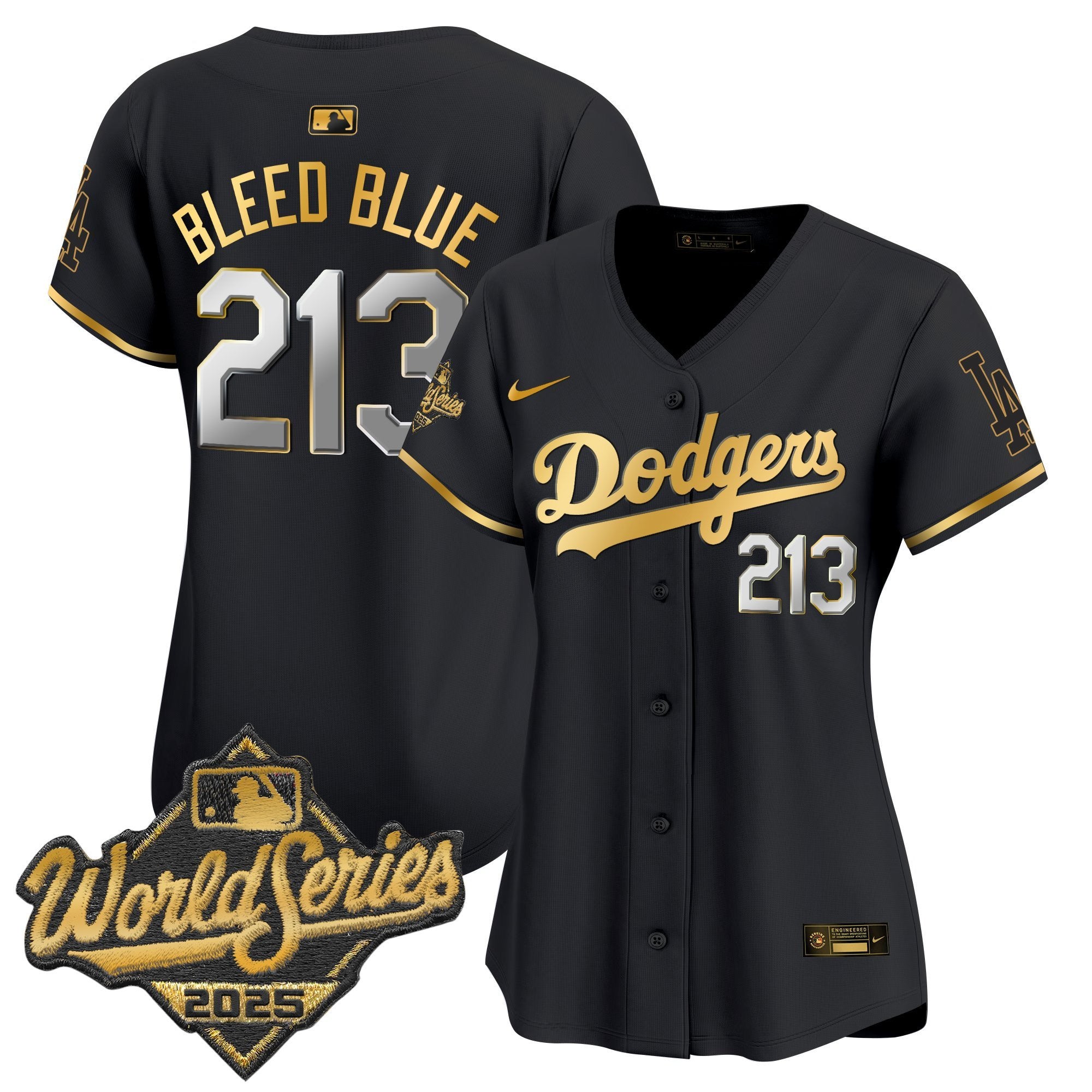 Women's Dodgers 2025 World Series Gold Trim Vapor Premier Limited Jersey - All Stitched - Black Gold, Bleed Blue 213