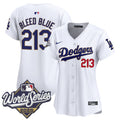 Women's Dodgers 2025 World Series Gold Trim Vapor Premier Limited Jersey - All Stitched - White, Bleed Blue 213