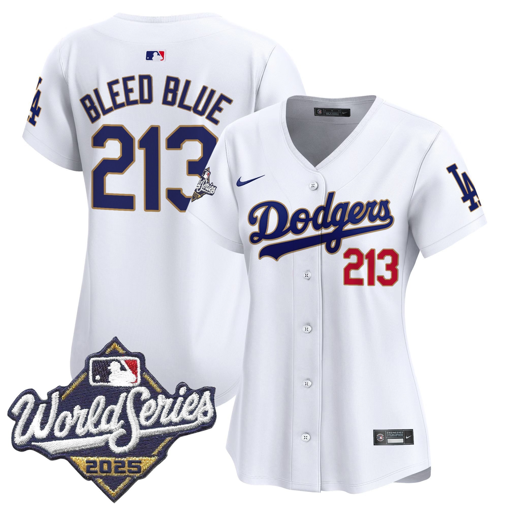 Women's Dodgers 2025 World Series Gold Trim Vapor Premier Limited Jersey - All Stitched - White, Bleed Blue 213