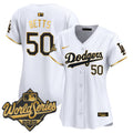 Women's Dodgers 2025 World Series Gold Trim Vapor Premier Limited Jersey - All Stitched - White Gold, Mookie Betts