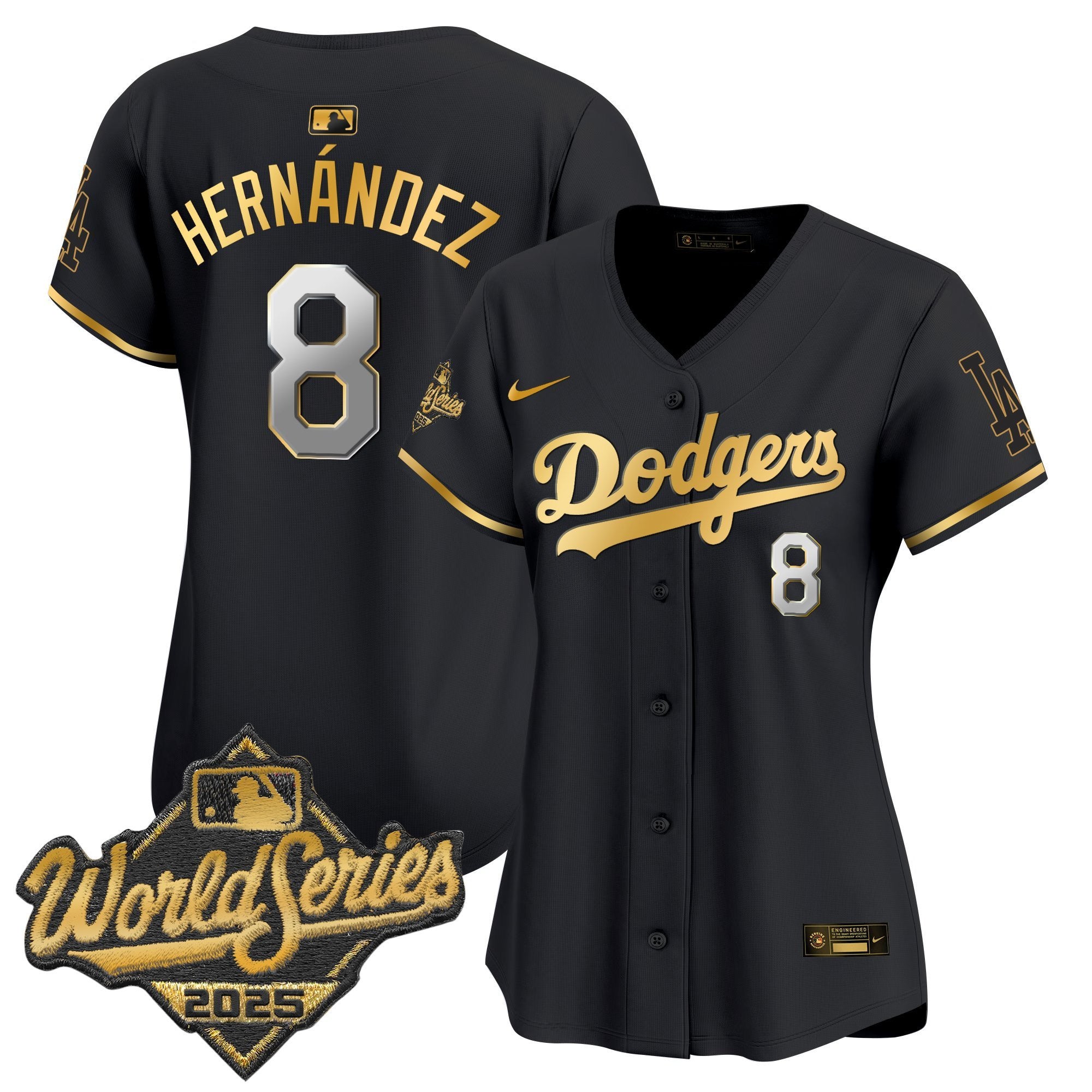 Women's Dodgers 2025 World Series Gold Trim Vapor Premier Limited Jersey - All Stitched - Black Gold, Kike Hernandez
