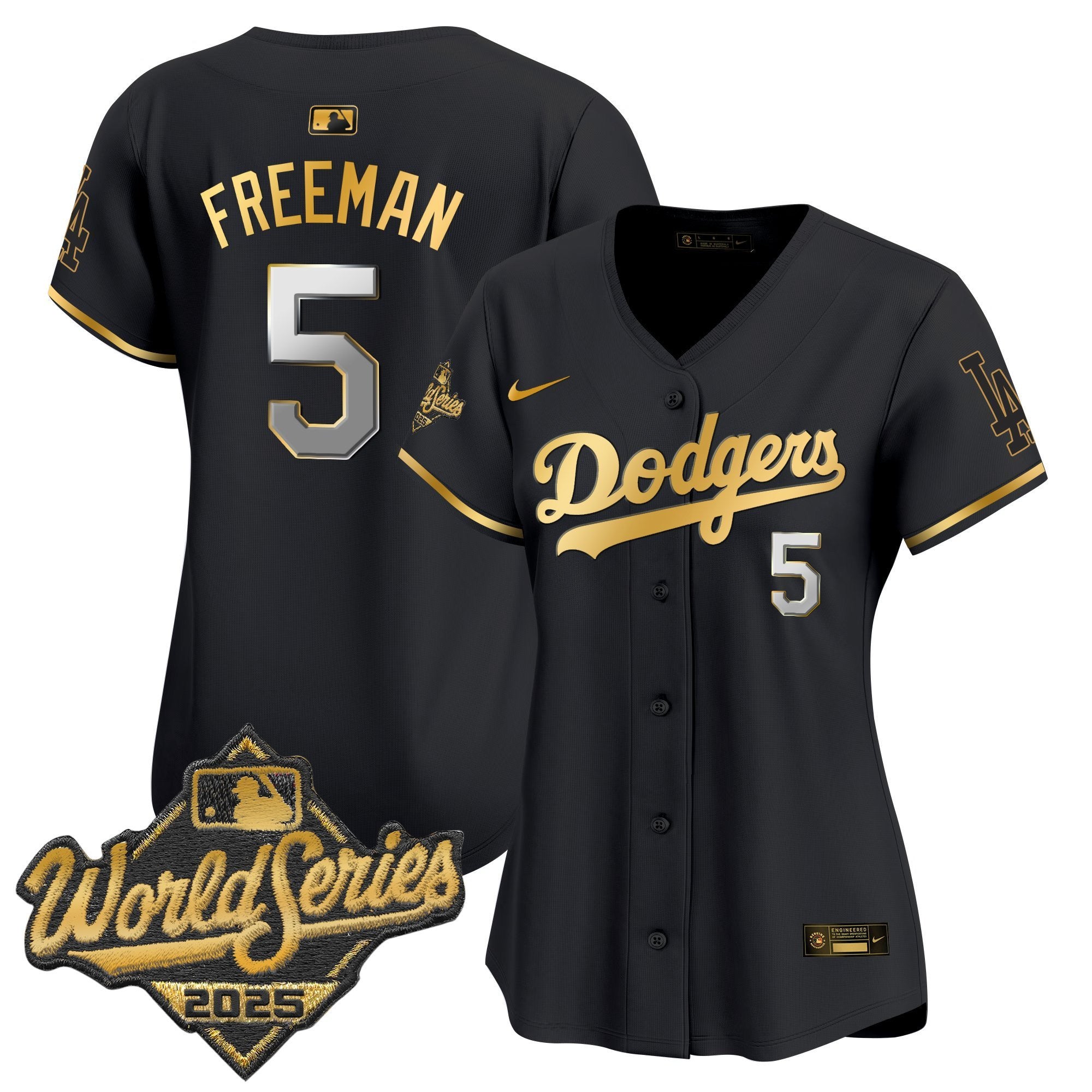 Women's Dodgers 2025 World Series Gold Trim Vapor Premier Limited Jersey - All Stitched - Black Gold, Freddie Freeman