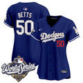 Women's Dodgers 2025 World Series Gold Trim Vapor Premier Limited Jersey - All Stitched - Royal, Mookie Betts