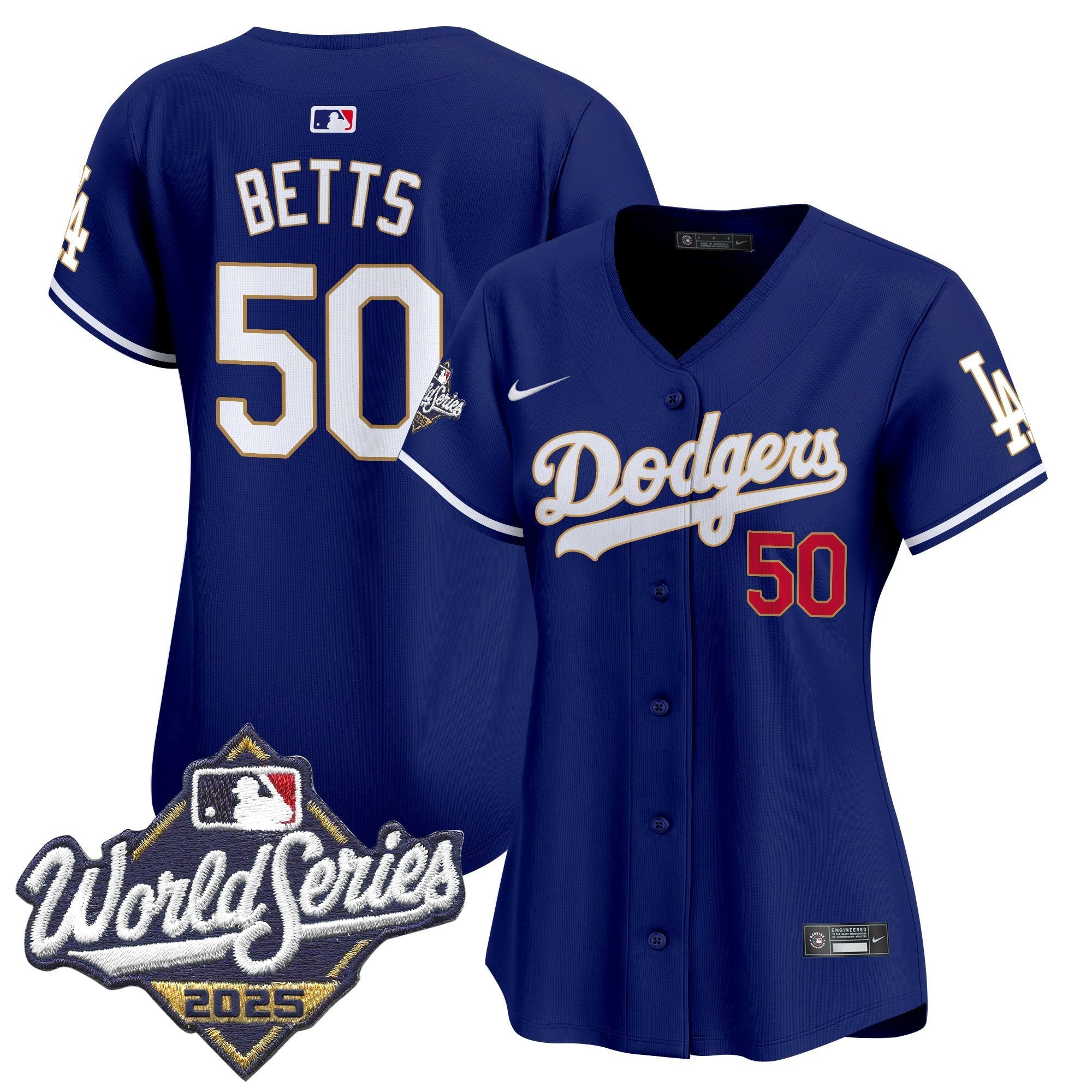 Women's Dodgers 2025 World Series Gold Trim Vapor Premier Limited Jersey - All Stitched - Royal, Mookie Betts
