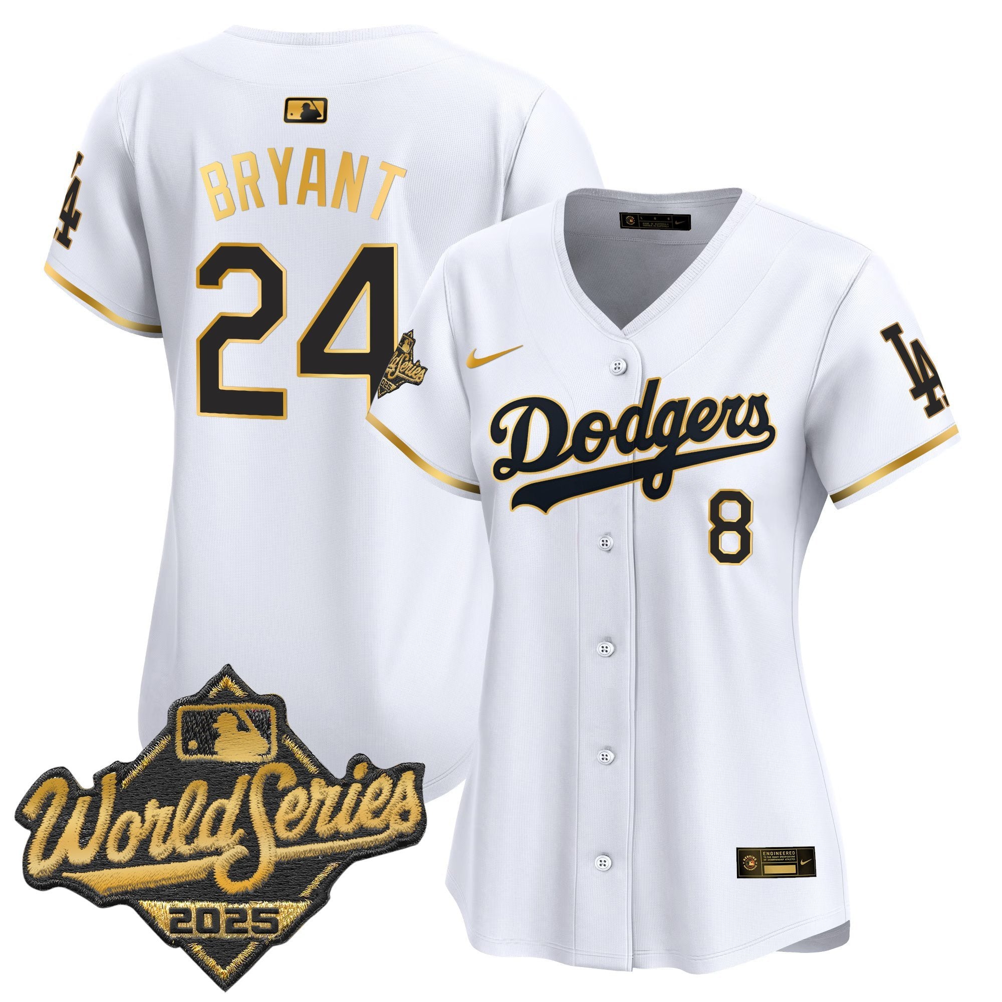 Women's Dodgers 2025 World Series Gold Trim Vapor Premier Limited Jersey - All Stitched - White Gold, Kobe Bryant
