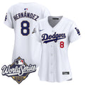 Women's Dodgers 2025 World Series Gold Trim Vapor Premier Limited Jersey - All Stitched - White, Kike Hernandez