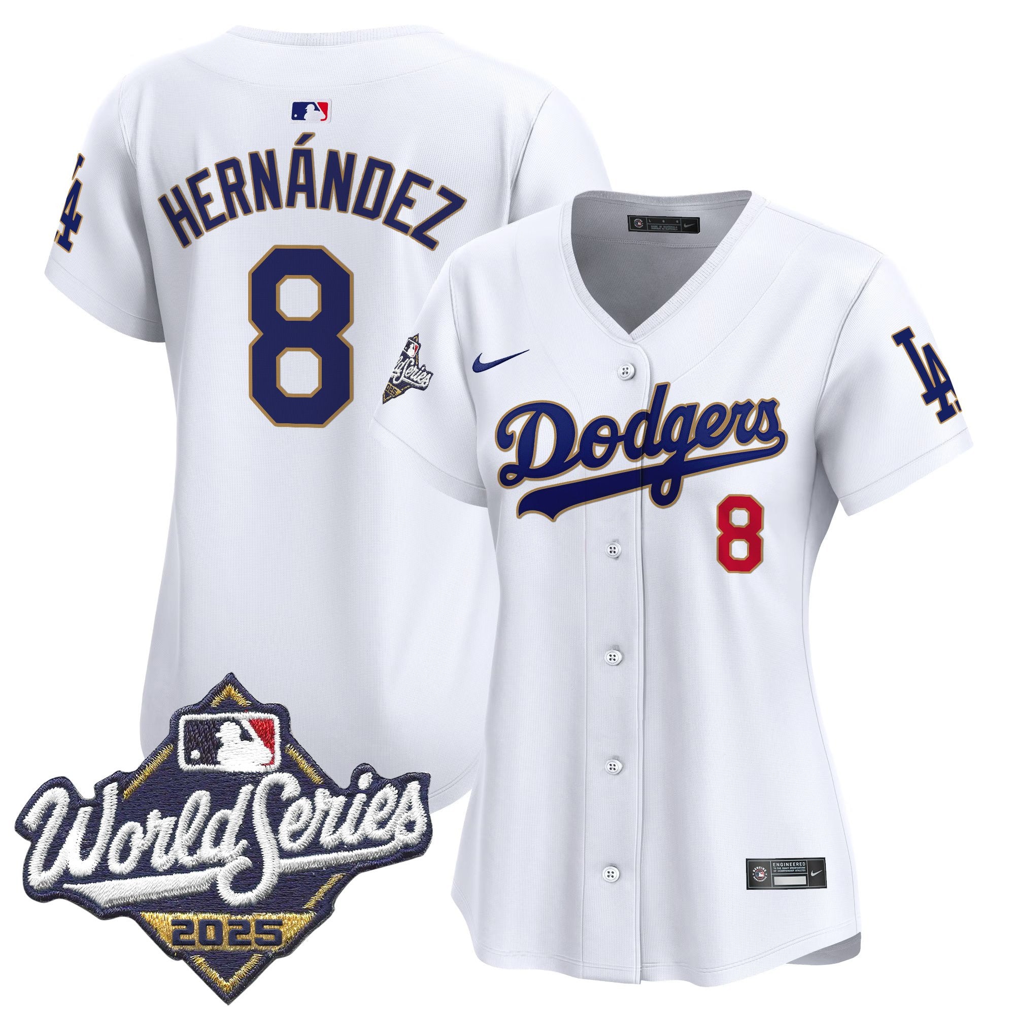 Women's Dodgers 2025 World Series Gold Trim Vapor Premier Limited Jersey - All Stitched - White, Kike Hernandez