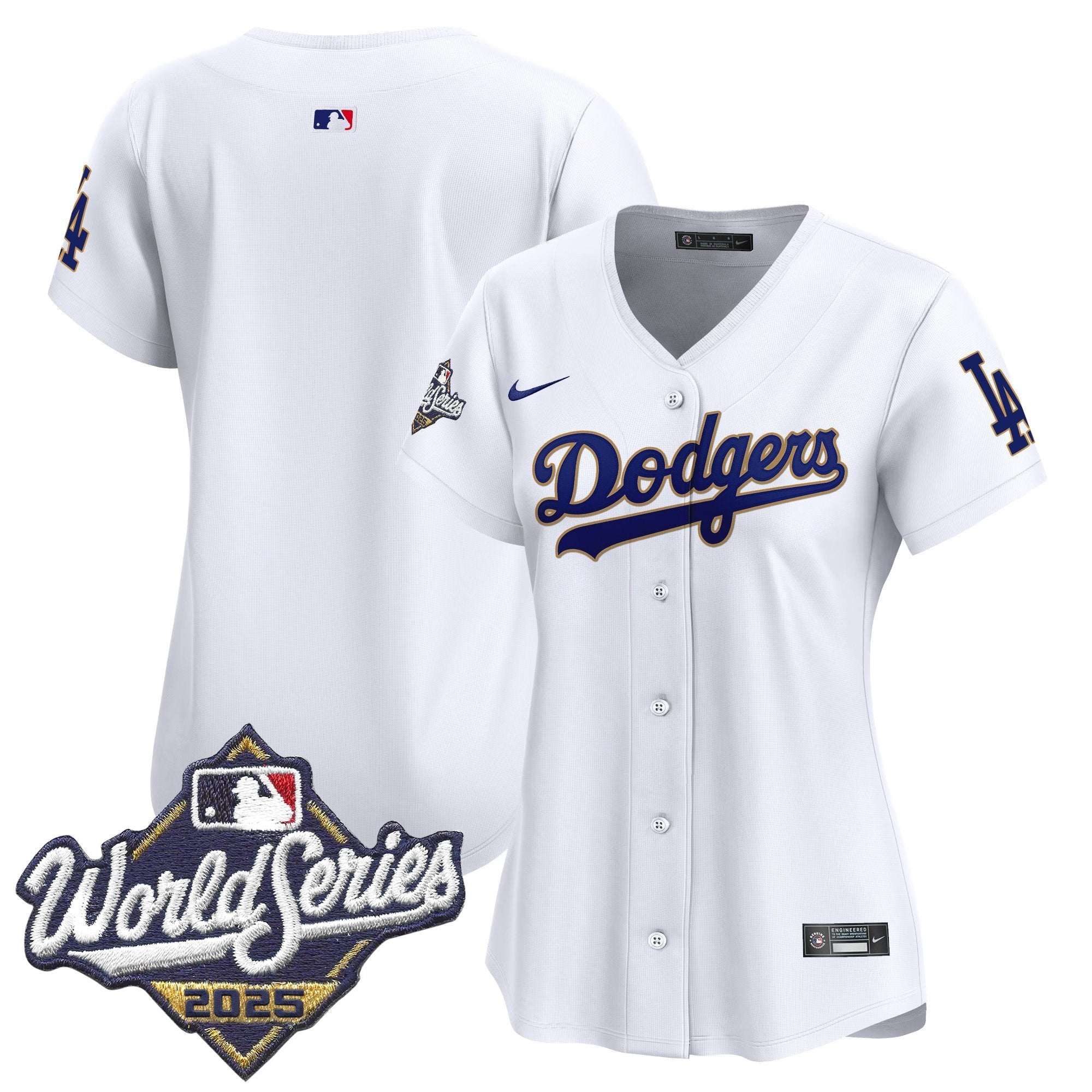 Women's Dodgers 2025 World Series Gold Trim Vapor Premier Limited Jersey - All Stitched - White, Team