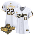 Women's Dodgers 2025 World Series Gold Trim Vapor Premier Limited Jersey - All Stitched - White Gold, Clayton Kershaw