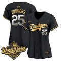 Women's Dodgers 2025 World Series Gold Trim Vapor Premier Limited Jersey - All Stitched - Black Gold, #25 Dodgers