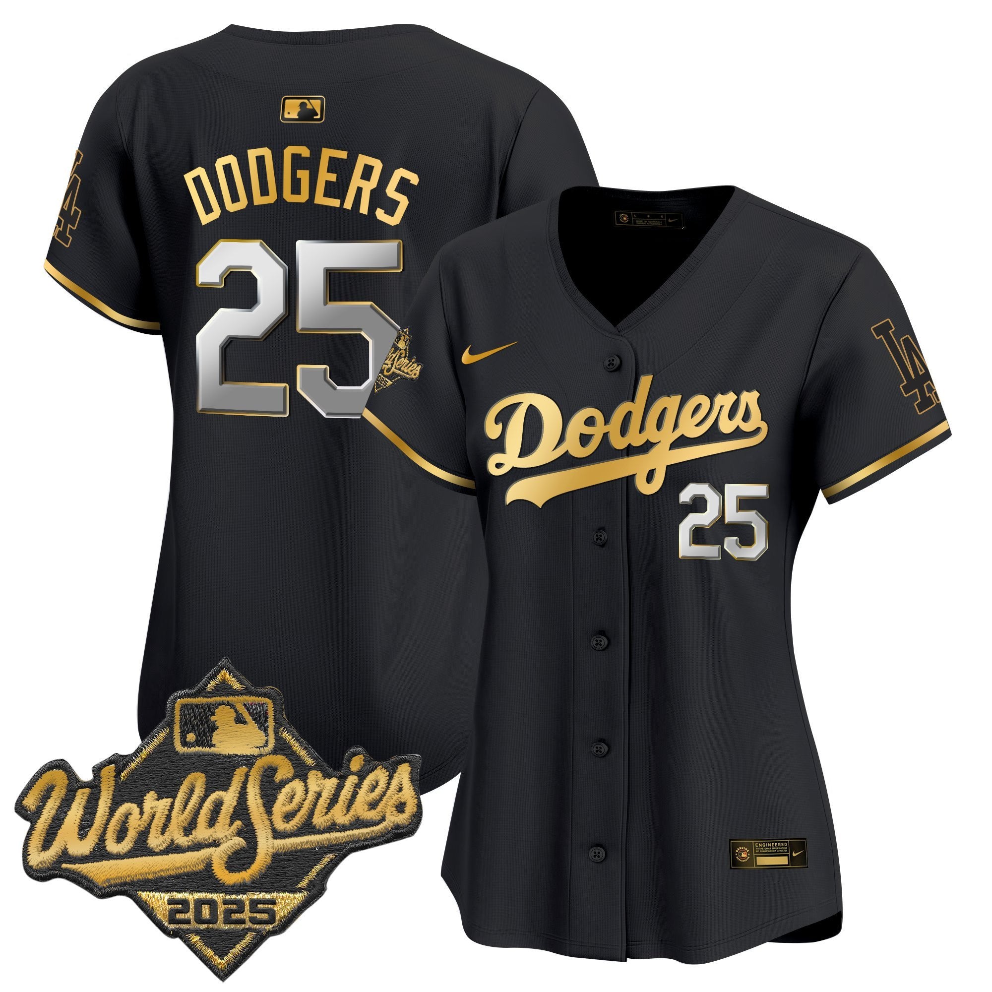 Women's Dodgers 2025 World Series Gold Trim Vapor Premier Limited Jersey - All Stitched - Black Gold, #25 Dodgers