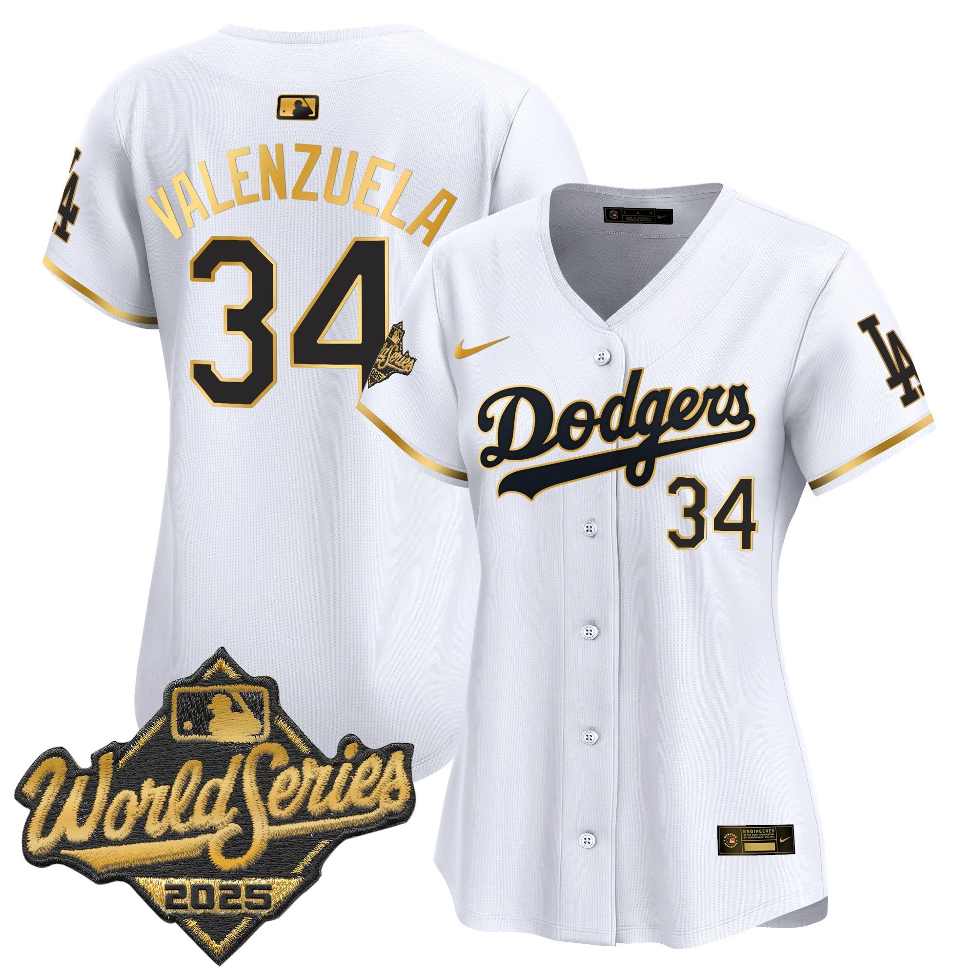 Women's Dodgers 2025 World Series Gold Trim Vapor Premier Limited Jersey - All Stitched - White Gold, Fernando Valenzuela